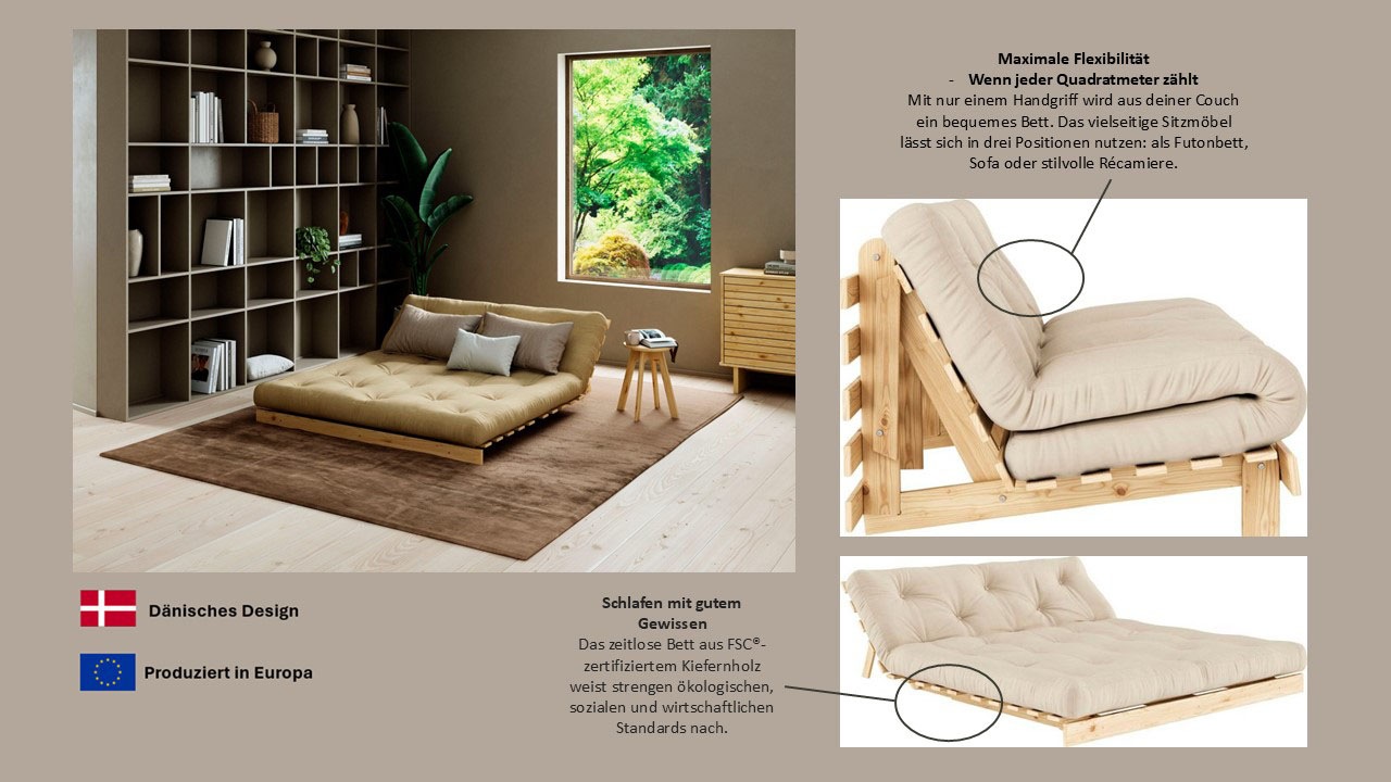 Thumbnail - Karup Design Daybett "Daybett Roots Schlafsofa – Gästebett & Sofa aus FSC-Kiefer" Inkl. Futonmatratze, in mehreren Größe...
