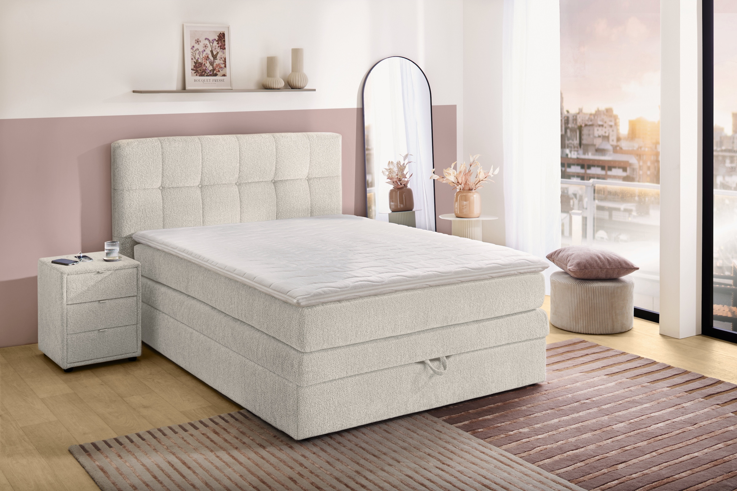 Jockenhöfer Gruppe Boxspringbett »AMY mit Bettkasten, inkl. Bonnell- oder Taschenfederkernmatratze H2-H4« mit 6 cm Kaltschaum-Topper, Chenille-Bezug, 120x200 und 140x200 cm