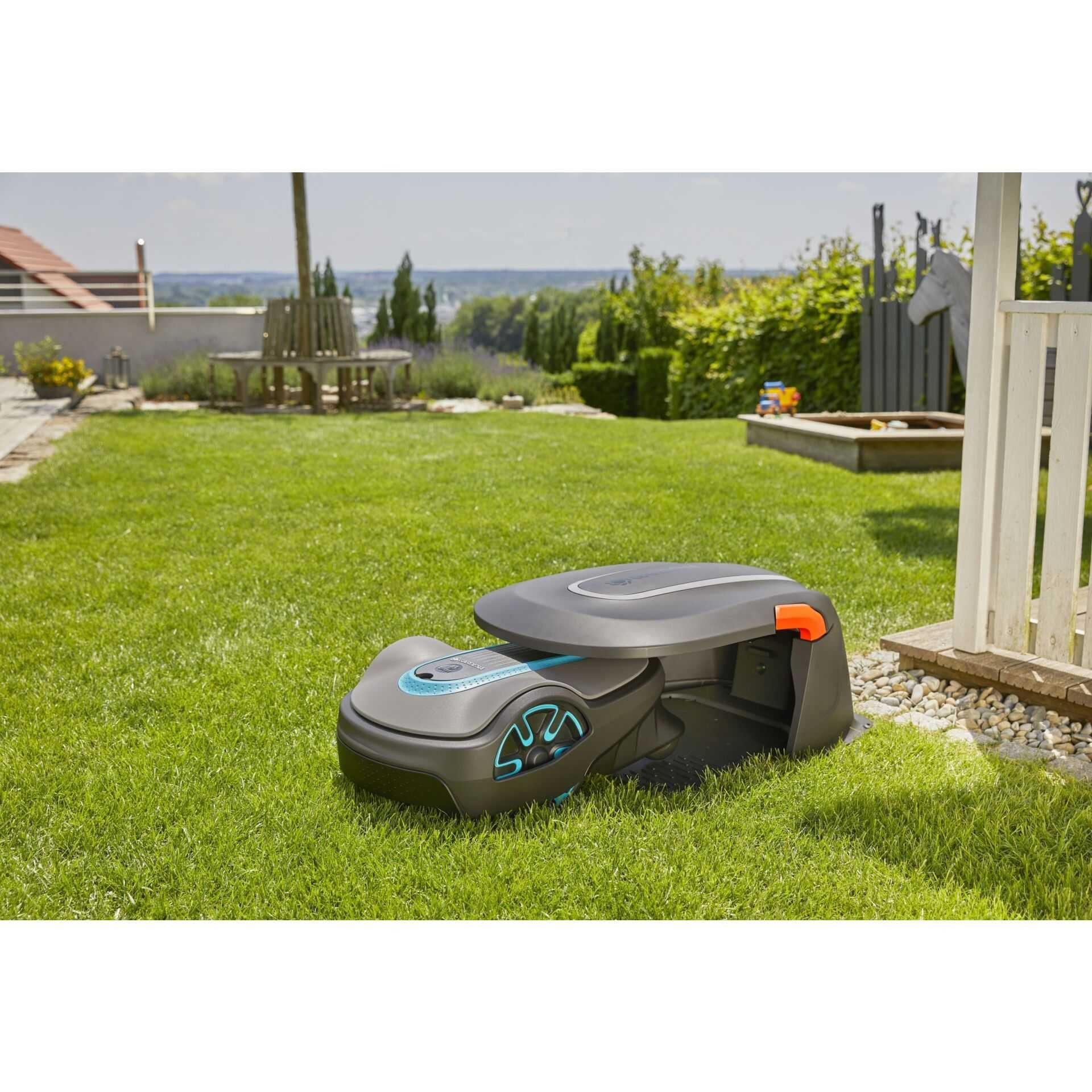 GARDENA Rasenmähroboter »»smart SILENO city« 400 m² inkl. Garage«, (Set), mit KI Technologie, Silent Mode, ideal auch bei schmalste Passagen