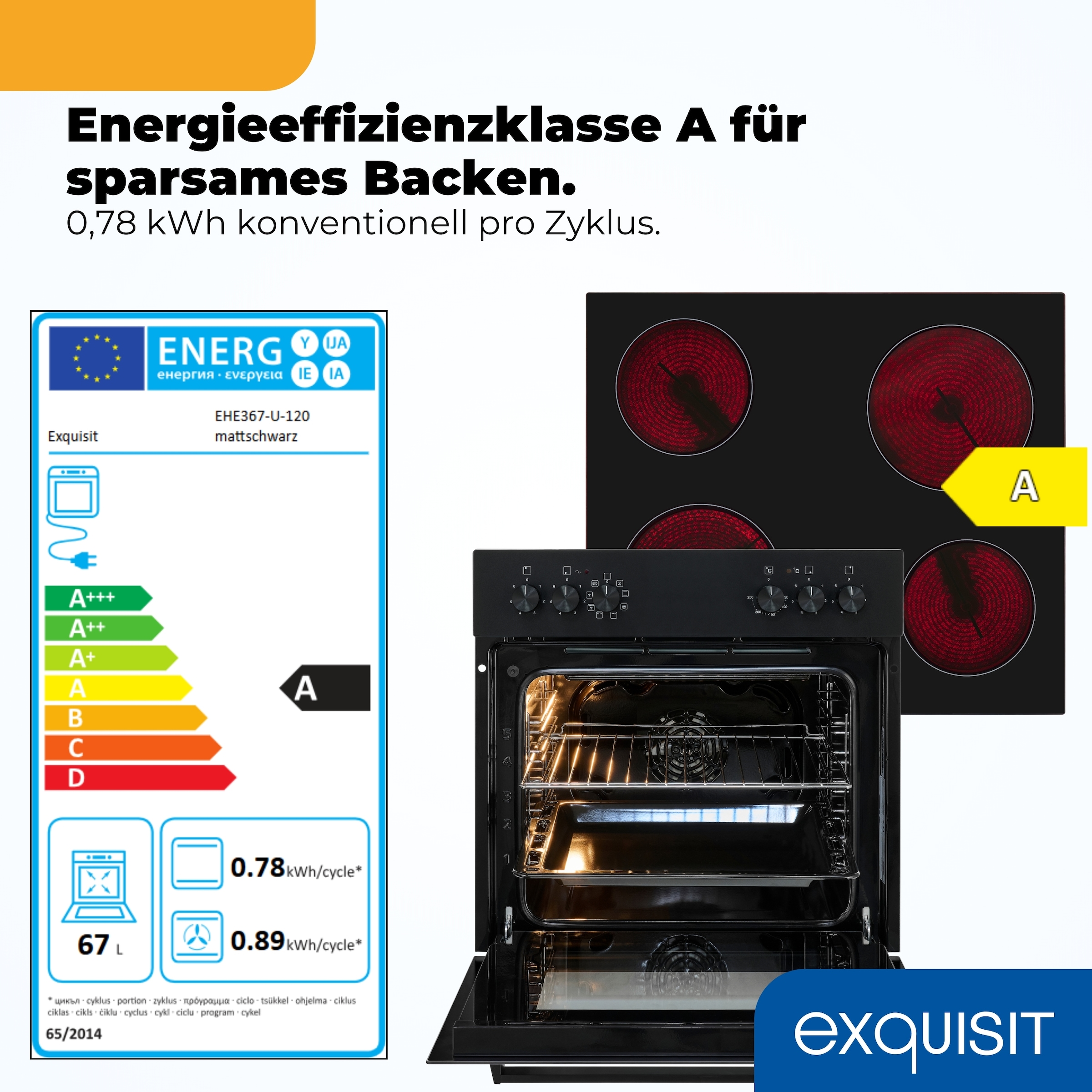 exquisit Induktions Herd-Set »EHE367-U-120 mattschwarz-Set« Backofen;Glaskeramikkochfeld, 2 Stk. tlg. Modern, trendiges Mattschwarz,Umluft ideal für mehrere Plätzchenbleche