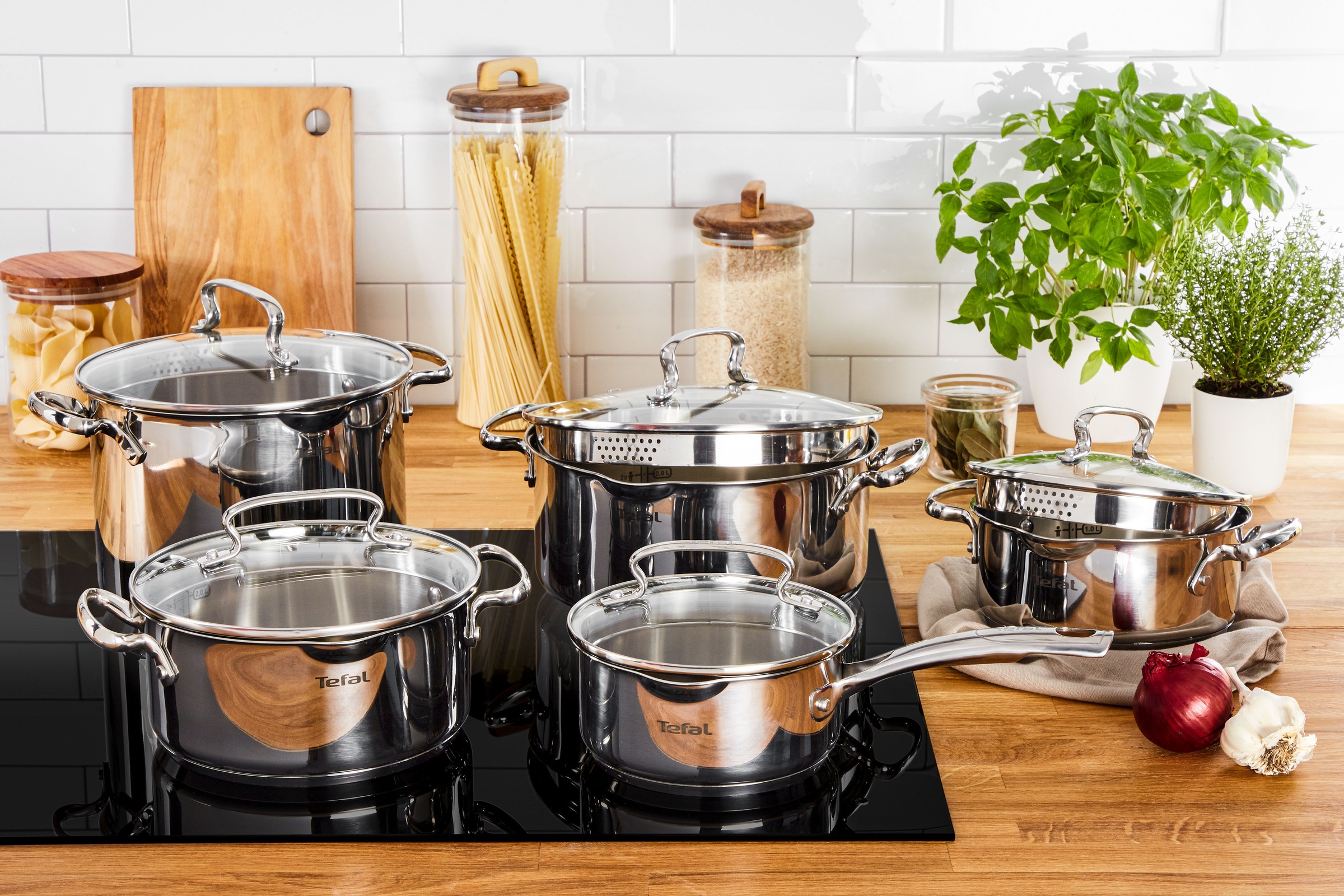 Tefal Topf-Set »Duetto+, Kochtopf Set mit Glasdeckel« Set, Stieltopf 16 cm, Schmortöpfe 18/20/24 cm, Suppentopf 22 cm, 10 tlg. Edelstahl