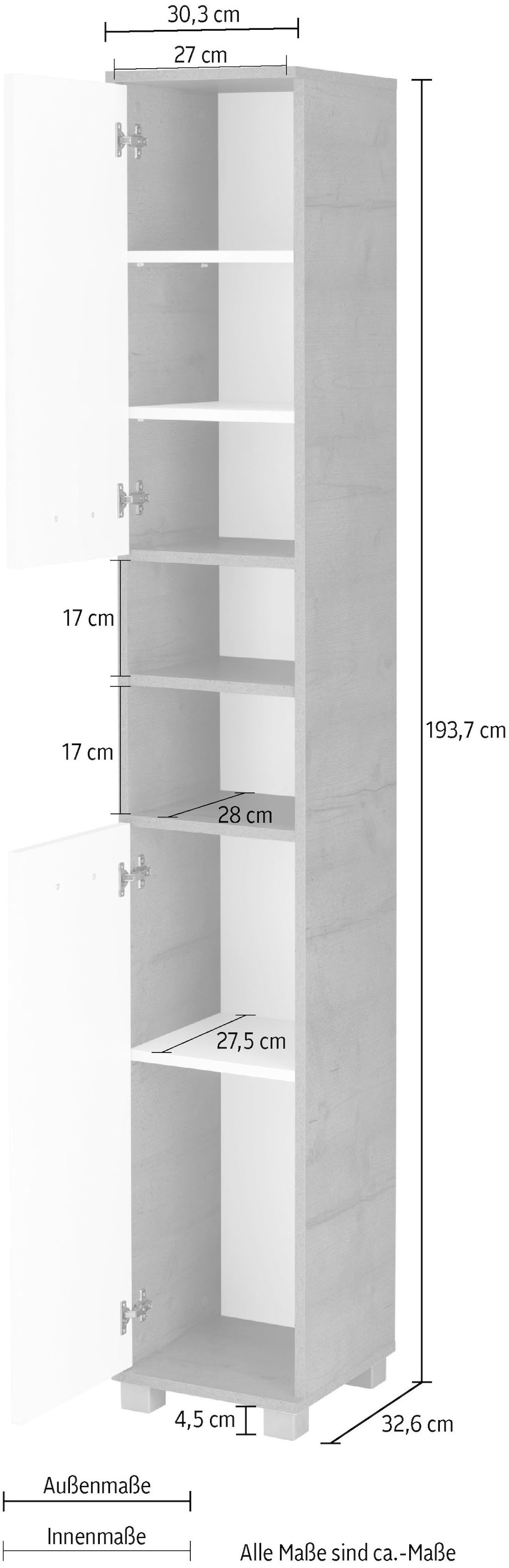Schildmeyer Hochschrank »Mobes«, Breite/Höhe: Regalfächer bestellen BAUR 30,3/193,7 | Türen montierbar, beidseitig cm