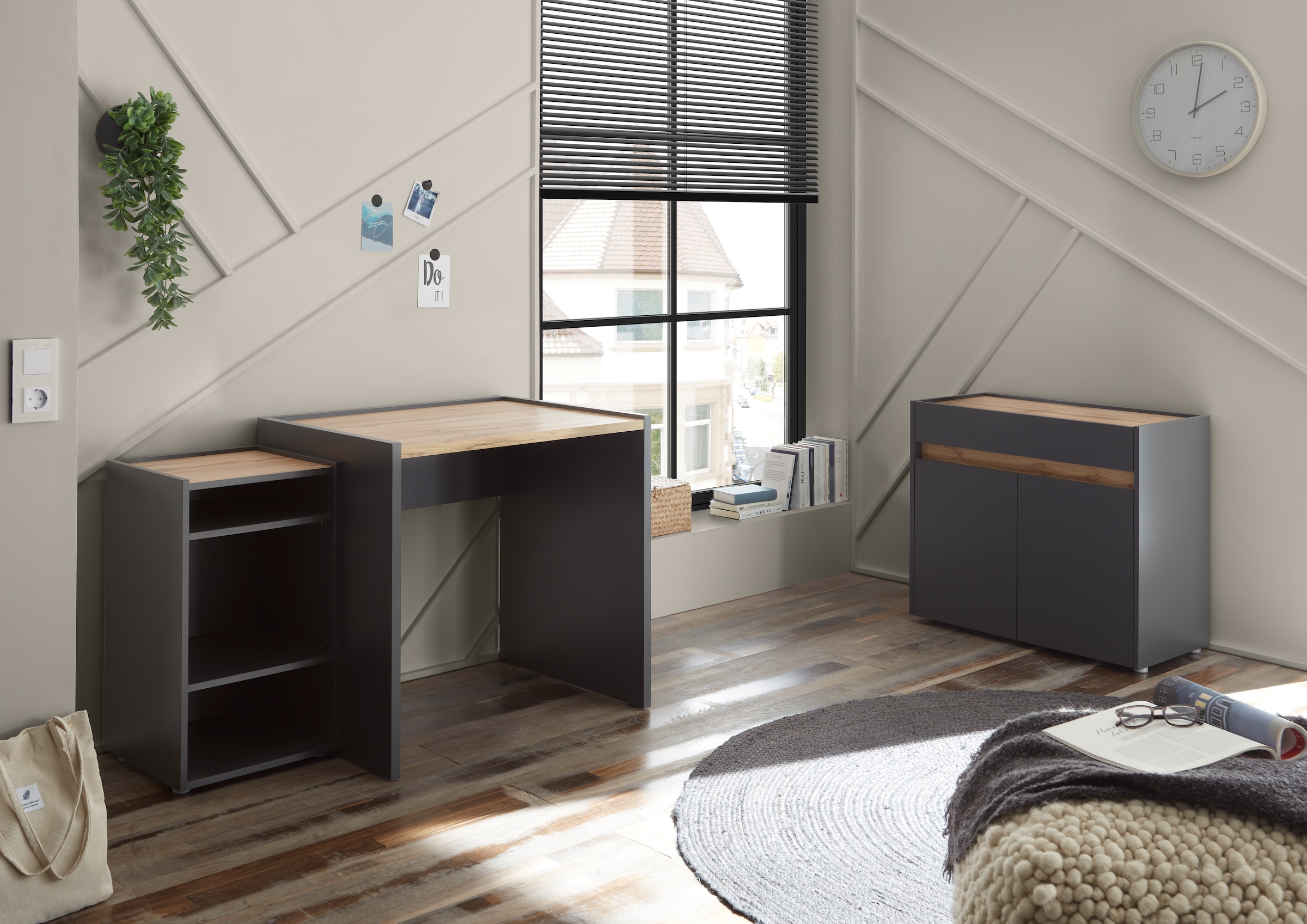 INOSIGN Büromöbel-Set »CITY/GiRON, modernes Design, Homeoff., Büro in zwei Farben/Wotan Eiche«, (Set, 3 tlg.), enthält Unterschrank, Kommode, Schreibtisch, wohnliches Home Office