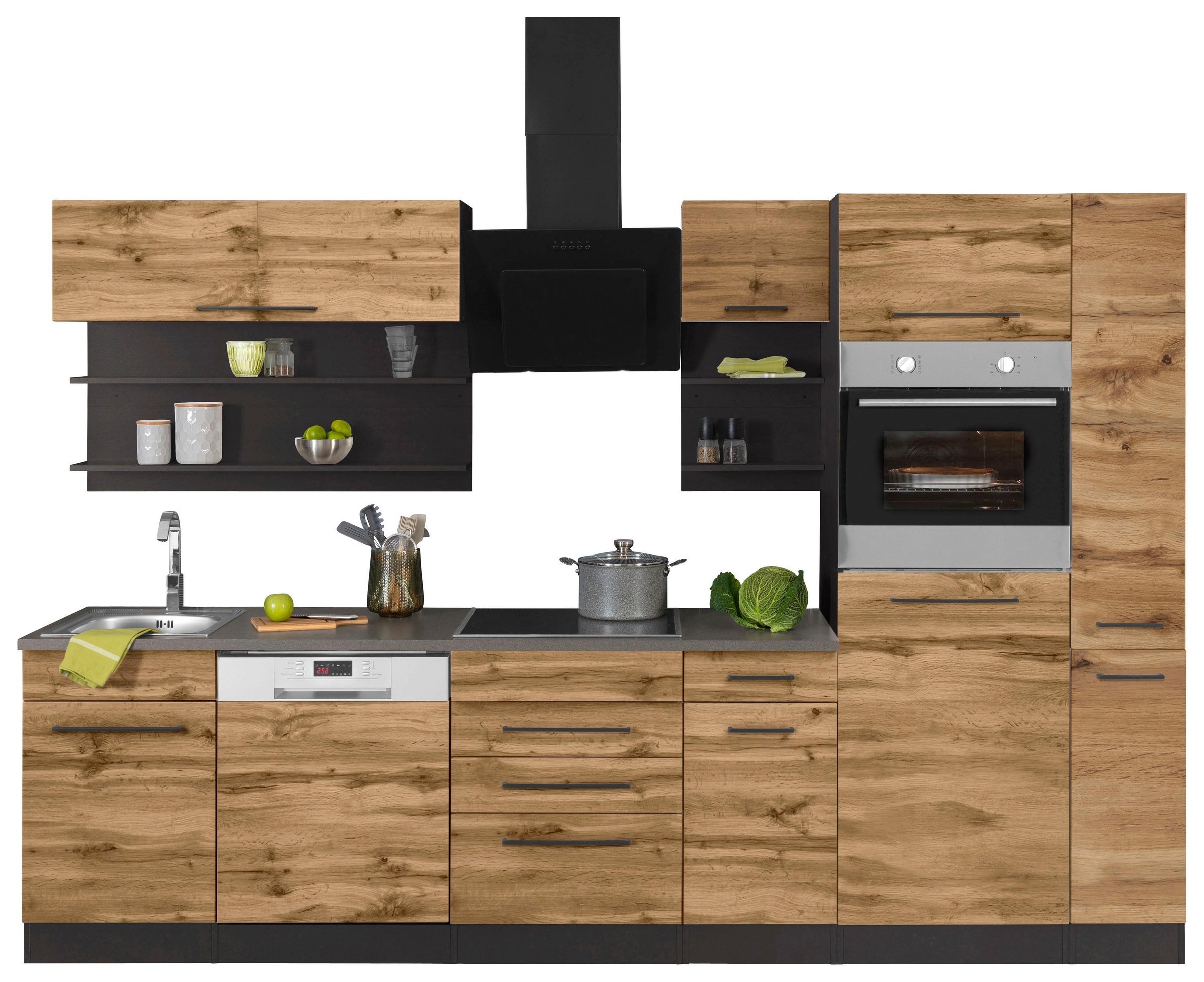 KOCHSTATION Küchenzeile »KS-Tulsa«, mit E-Geräten, Breite 300 cm, schwarze Metallgriffe, MDF Fronten
