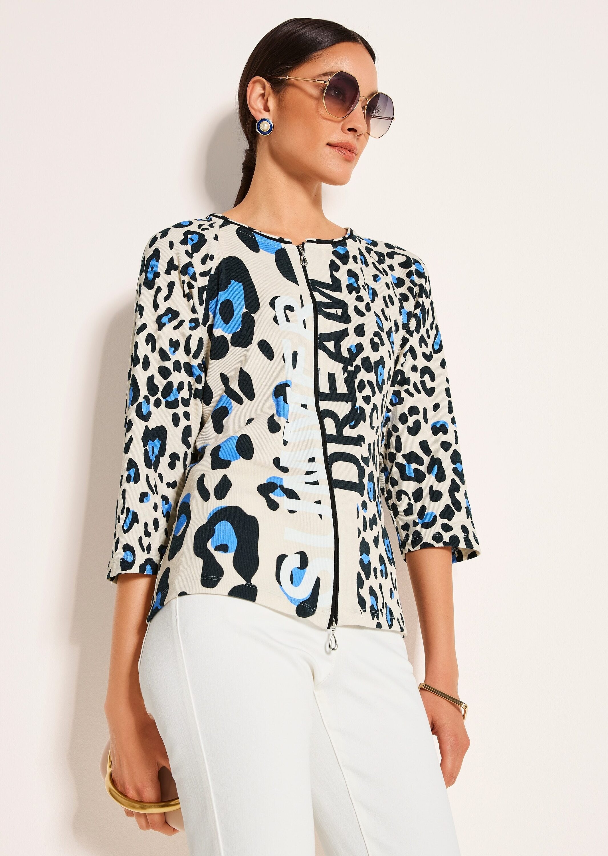 MADELEINE Langarmshirt »Shirtjacke Sportiver Halbarm Shirtblazer mit Print« Rippenqualität