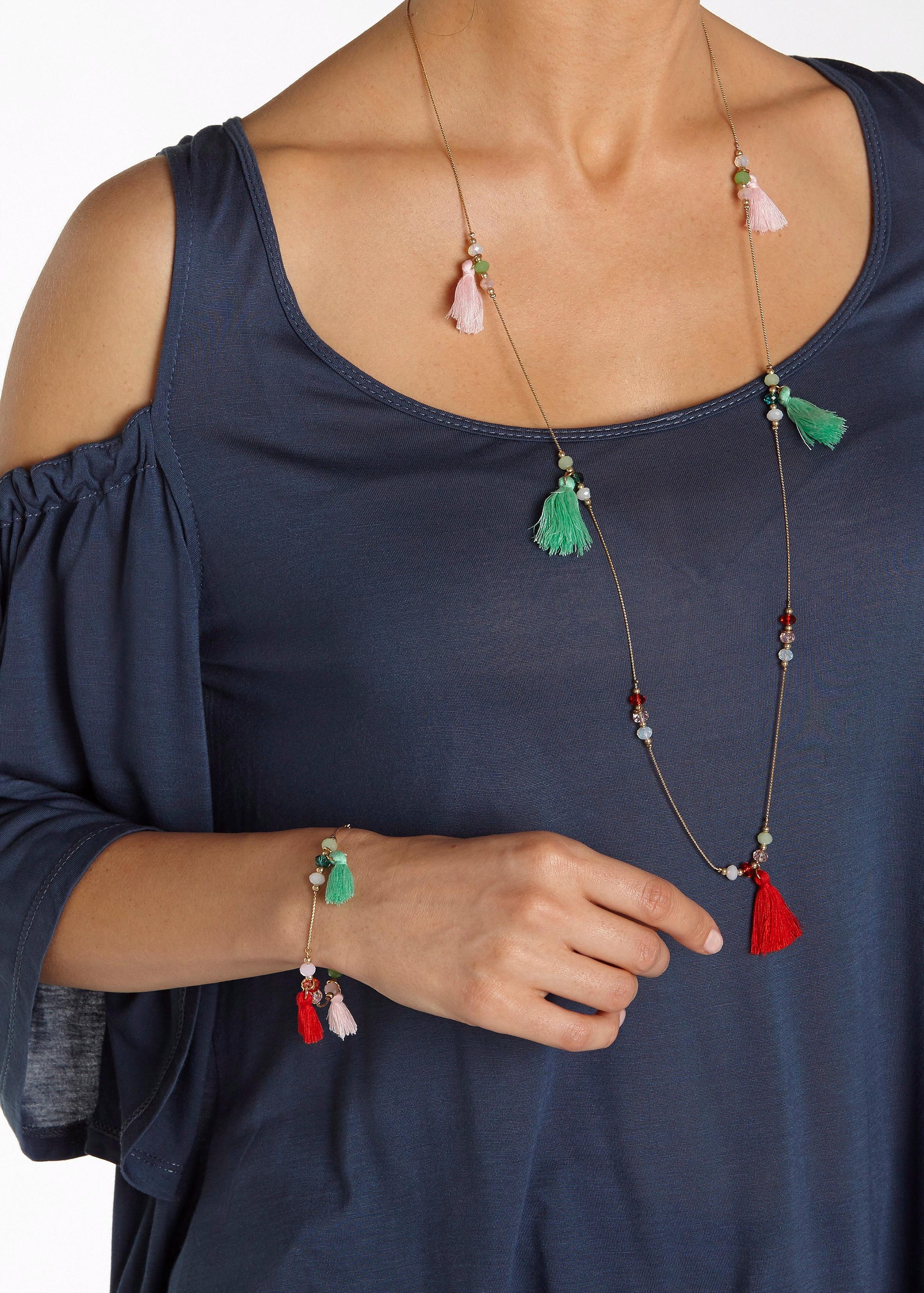 LASCANA Schmuckset, aus Kette und Armband mit farbigen Tasseln