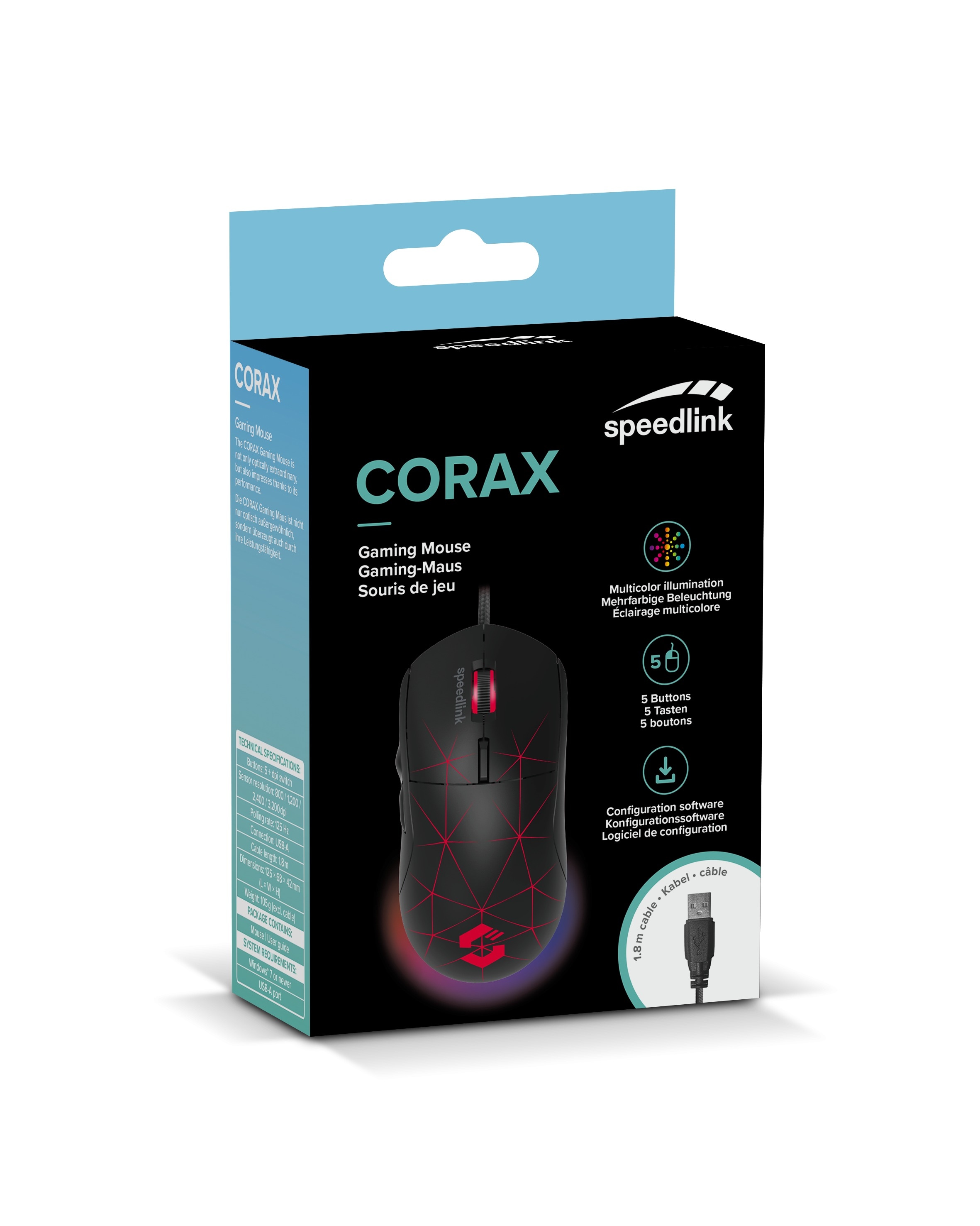 Speedlink Gaming-Maus »CORAX konfigurierbare RGB Beleuchtung, 5 programmierbare Tasten«, DPI-Schalter bis 3.200 dpi, kabelgebunden, stoffummanteltes Kabel
