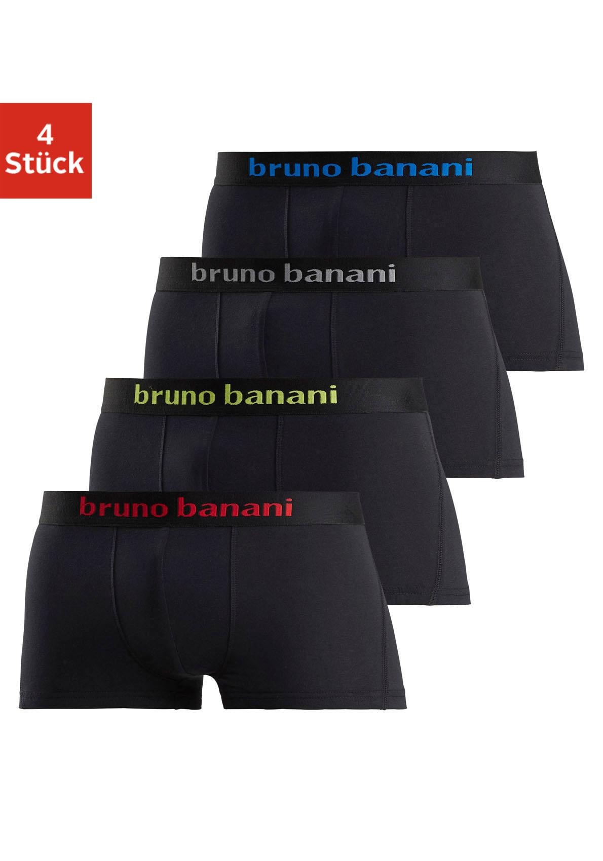 Bruno Banani Hipster Packung, 4 Stk. knapp sitzende Boxershorts mit Logo Webbund aus Baumwollmischung