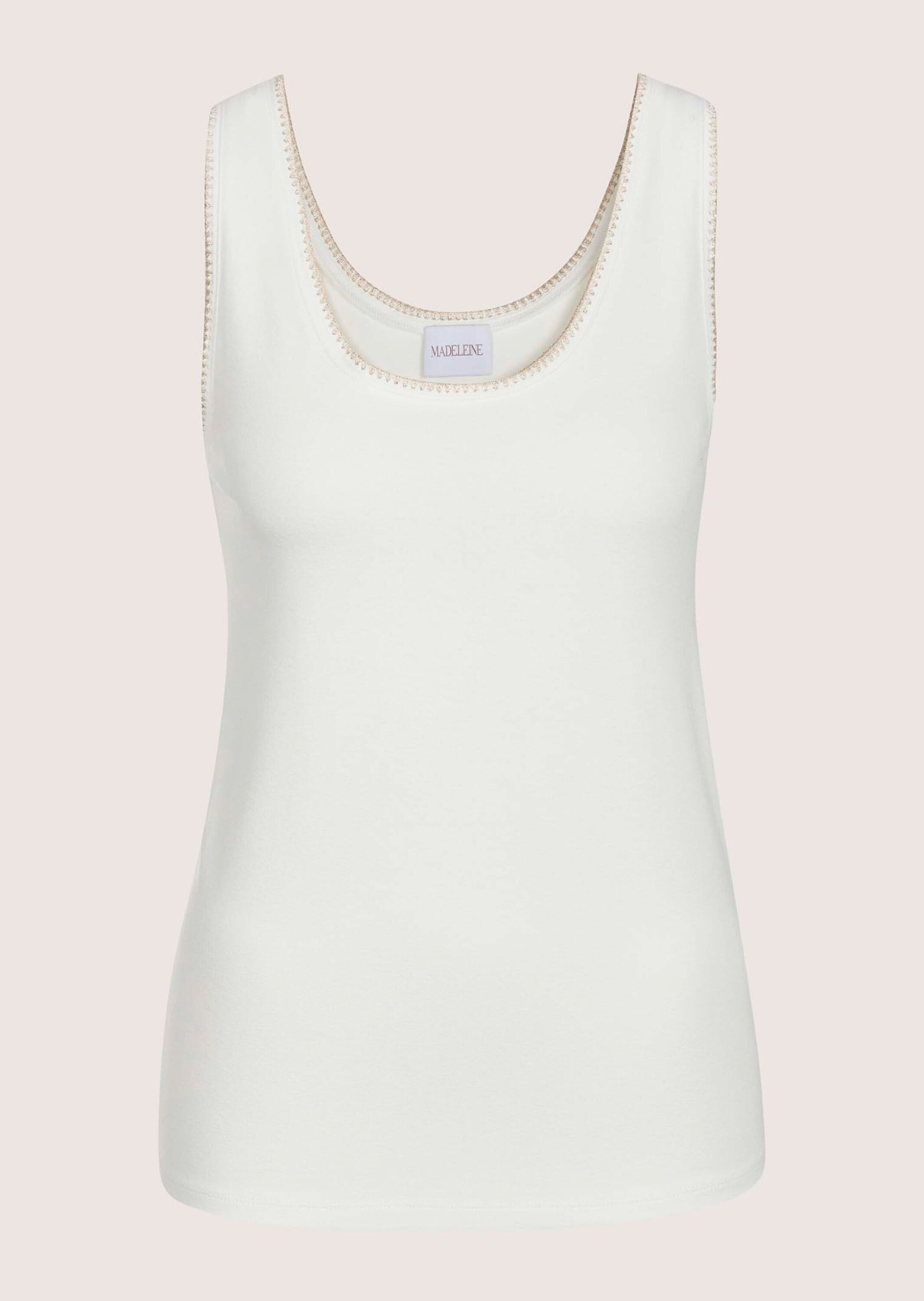 Trägertop MADELEINE "Glanztop Elegantes Jerseytop mit Glanzakzenten", Damen, Gr. 34, weiß (wollweiß), Obermaterial: 95% Viskose CV. 5% Elasthan EL., Modern, gerade, Tops Trägertop, Paspelierung