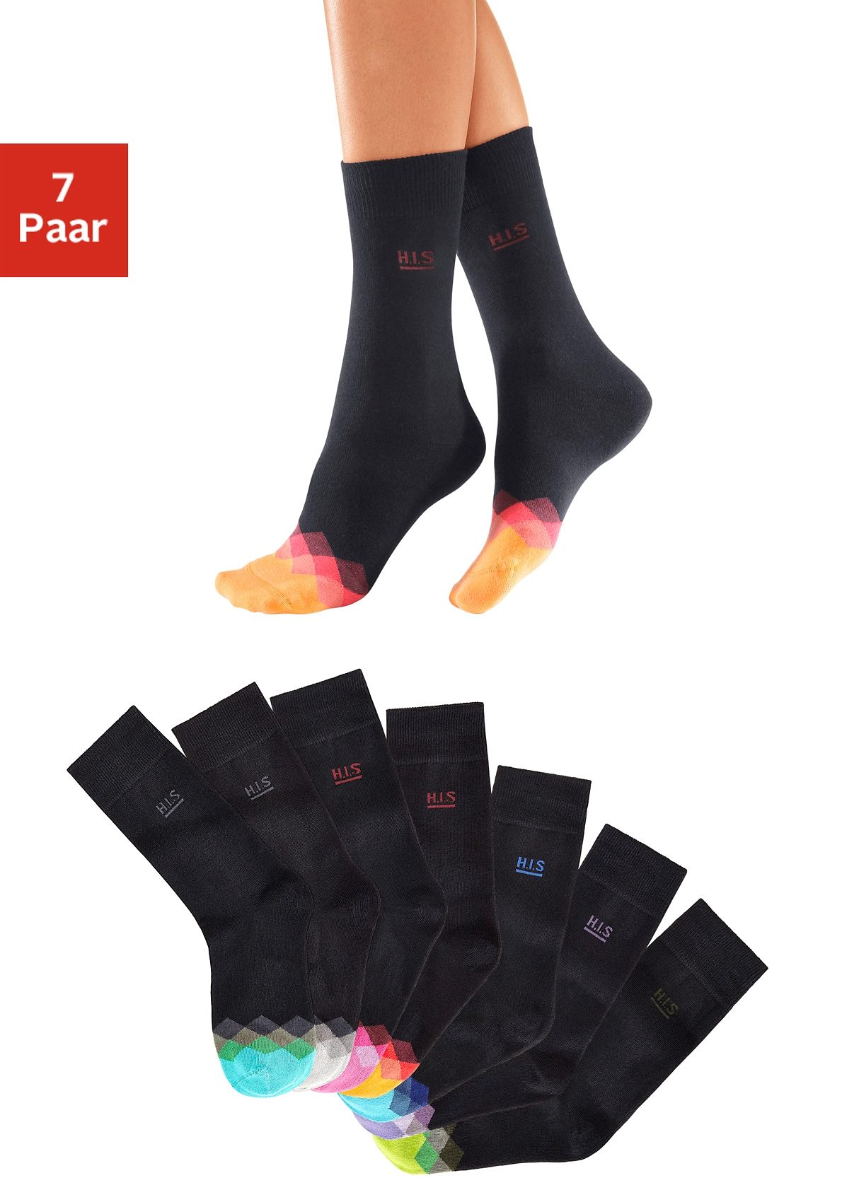 H.I.S Socken "Lustige Kinder Damen Socken Atmungsaktive Baumwolle" Packung, 7 Stk. tlg. mit bunt gemusterter Spitze