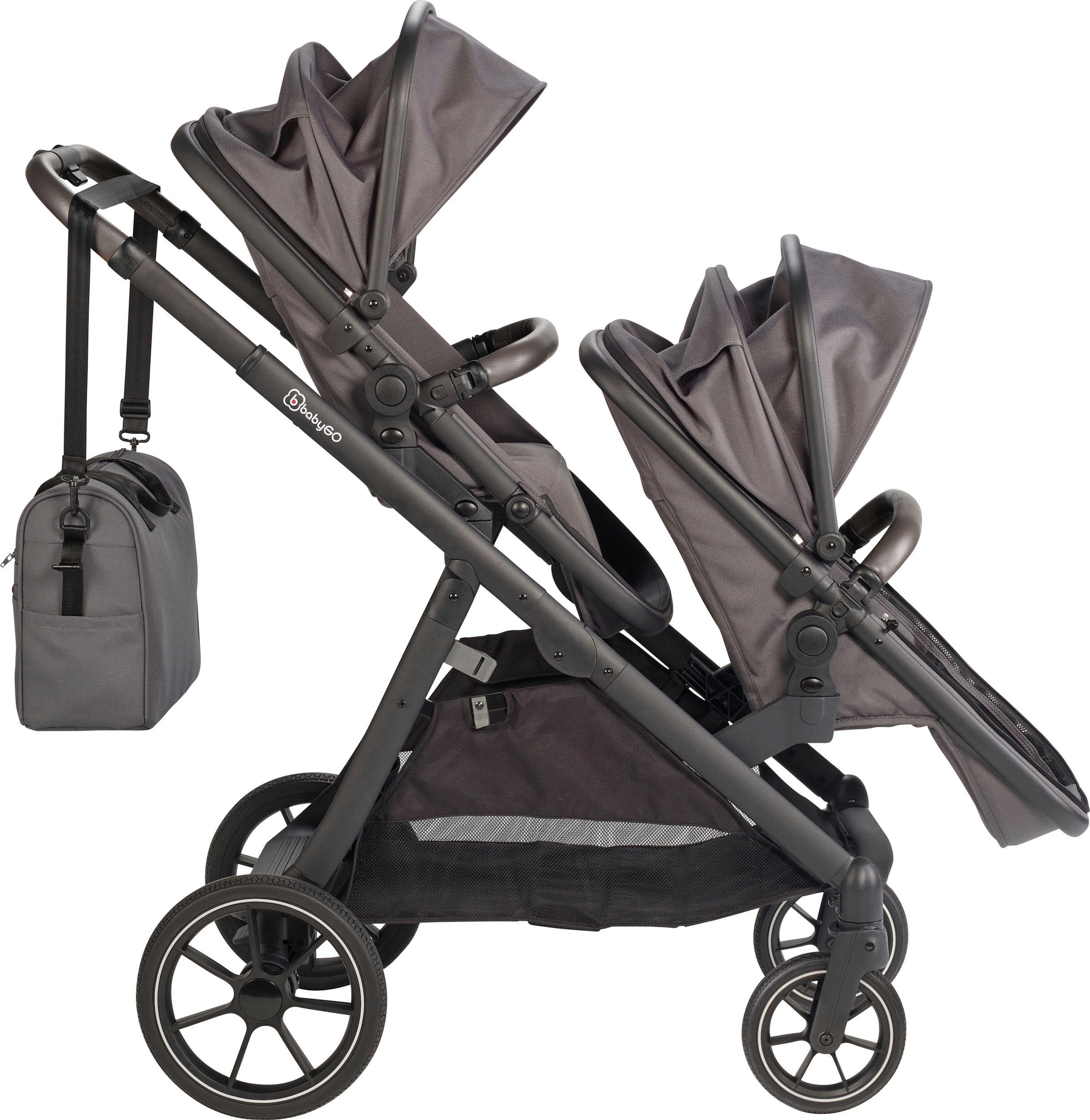BabyGo Zwillings-Kombikinderwagen »Duo Mega Set, grau«, inkl. 2 Babyschalen mit Adapter, Wickeltasche u. 2 Regenhauben