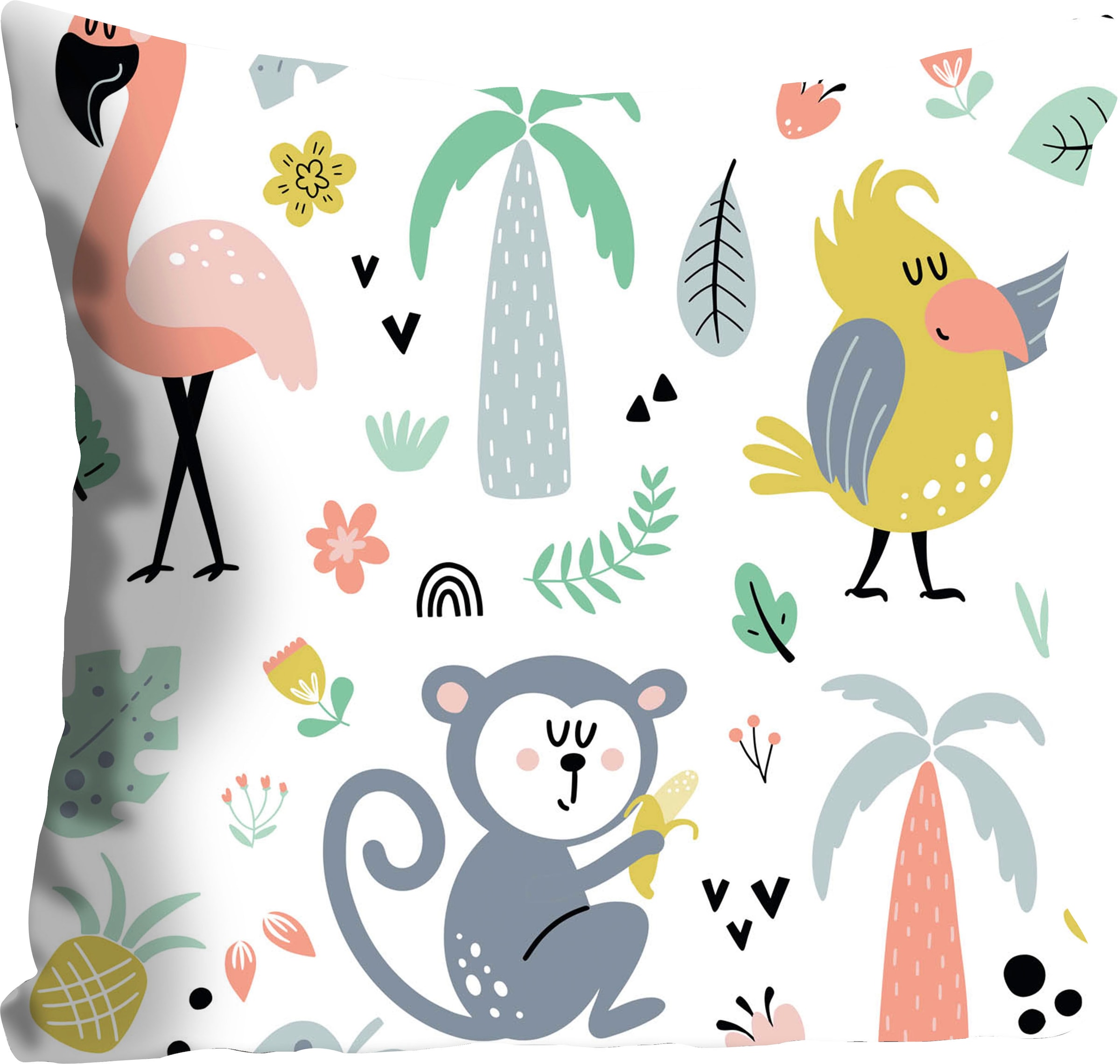 queence Dekokissen »Evgenia«, Kissenhülle,Kinder,Papagei,Flamingo,Bunt,Tropisch,Tiermuster,Fröhlich