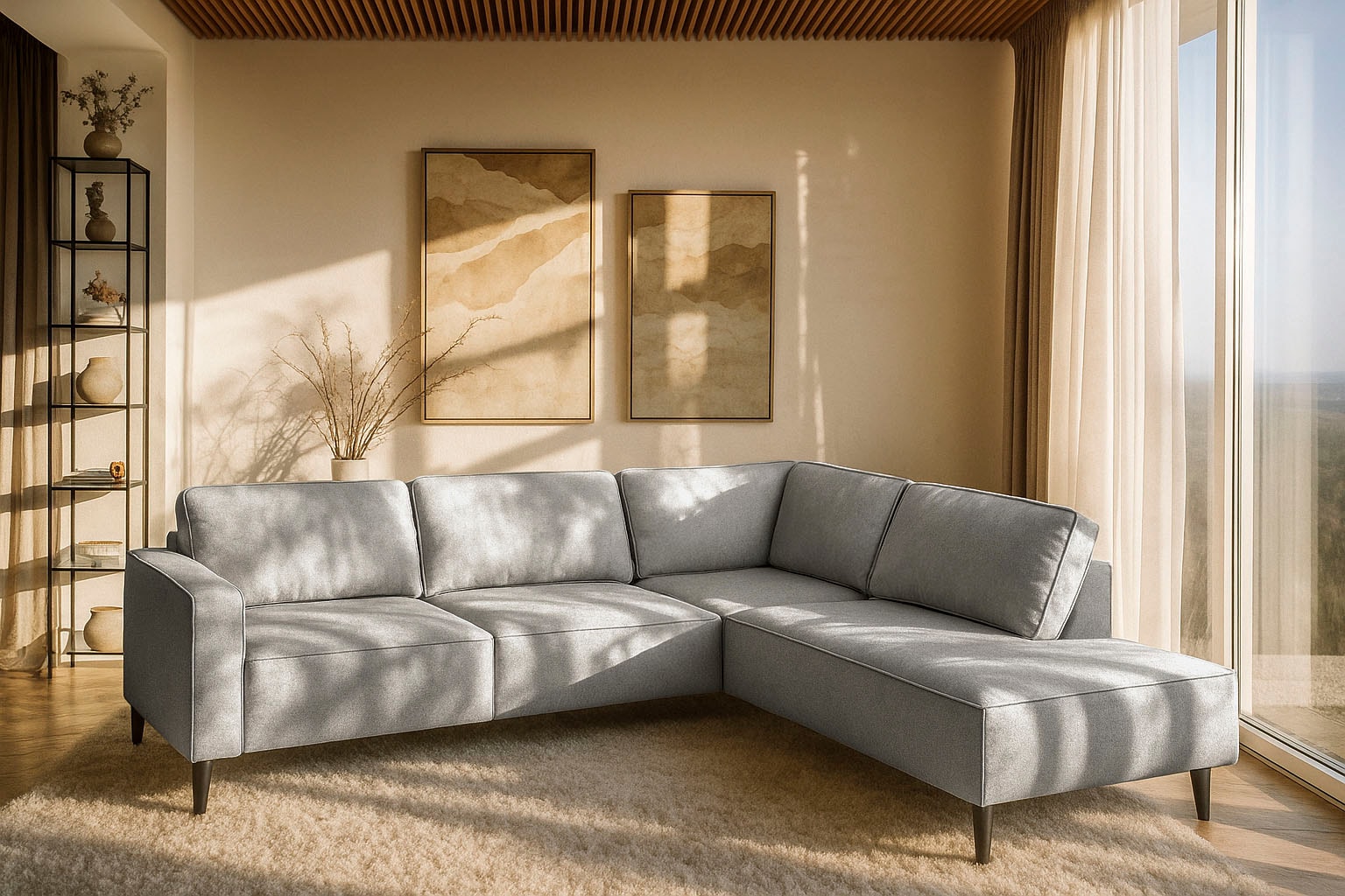 OTTO home Ecksofa "Fumone, Lederoptik oder Soft-Touch Chenille" Breite 260, mit schwarzen Massivholzfüßen