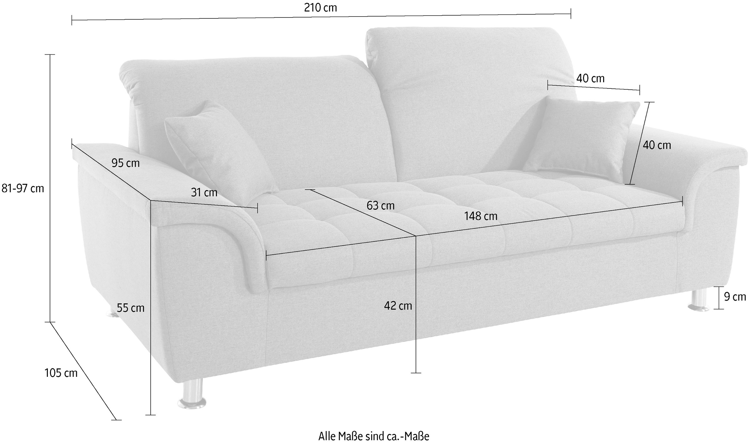 DOMO collection 2,5-Sitzer »Franzi, zeitlos und elegant, moderne Sitzheftung«, wahlweise mit Kopfteilverstellung, inklusive Zierkissen