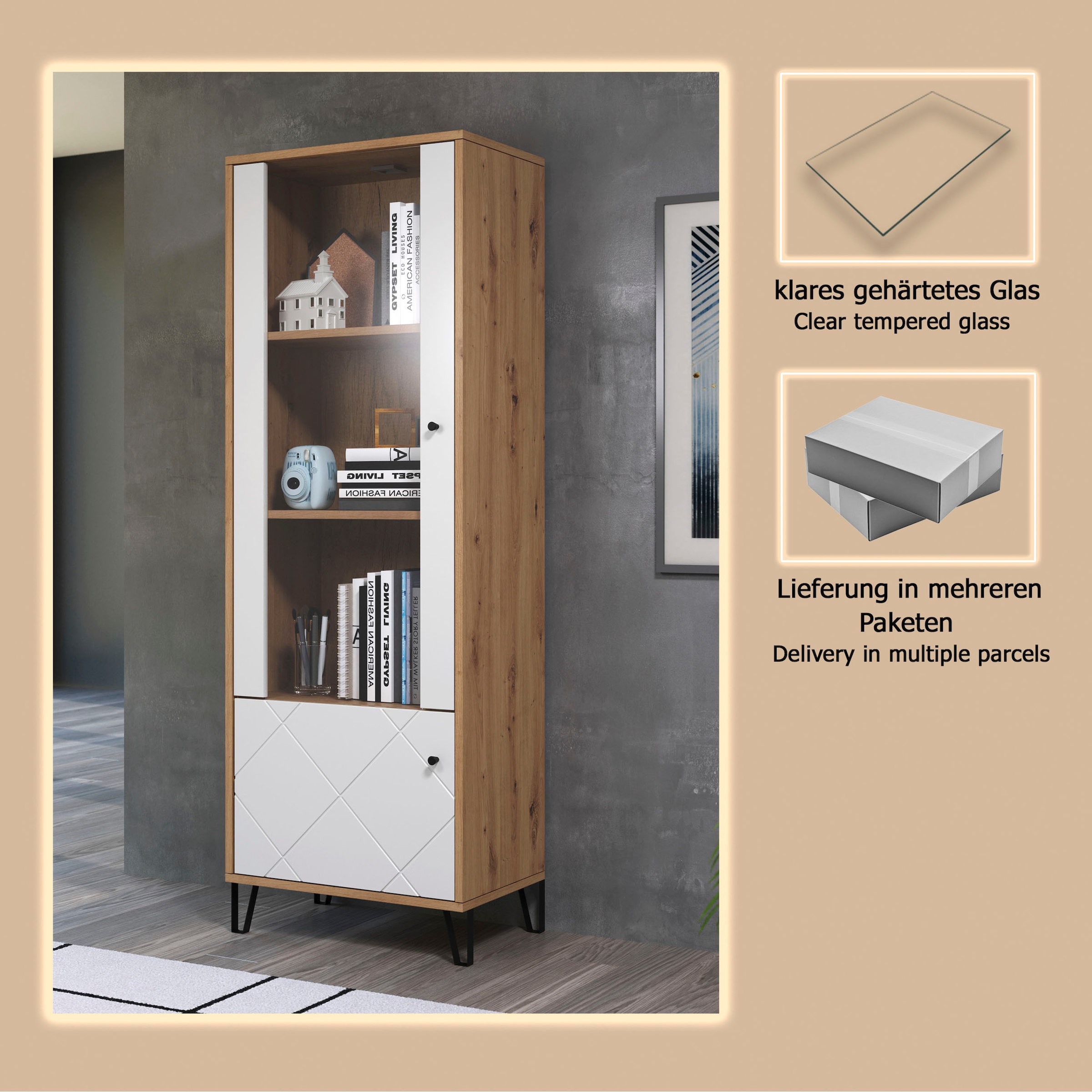 Places of Style Standvitrine »Tarragona«, Standvitrine mit 2 Türen - (B/T/H) 63/40/172 cm