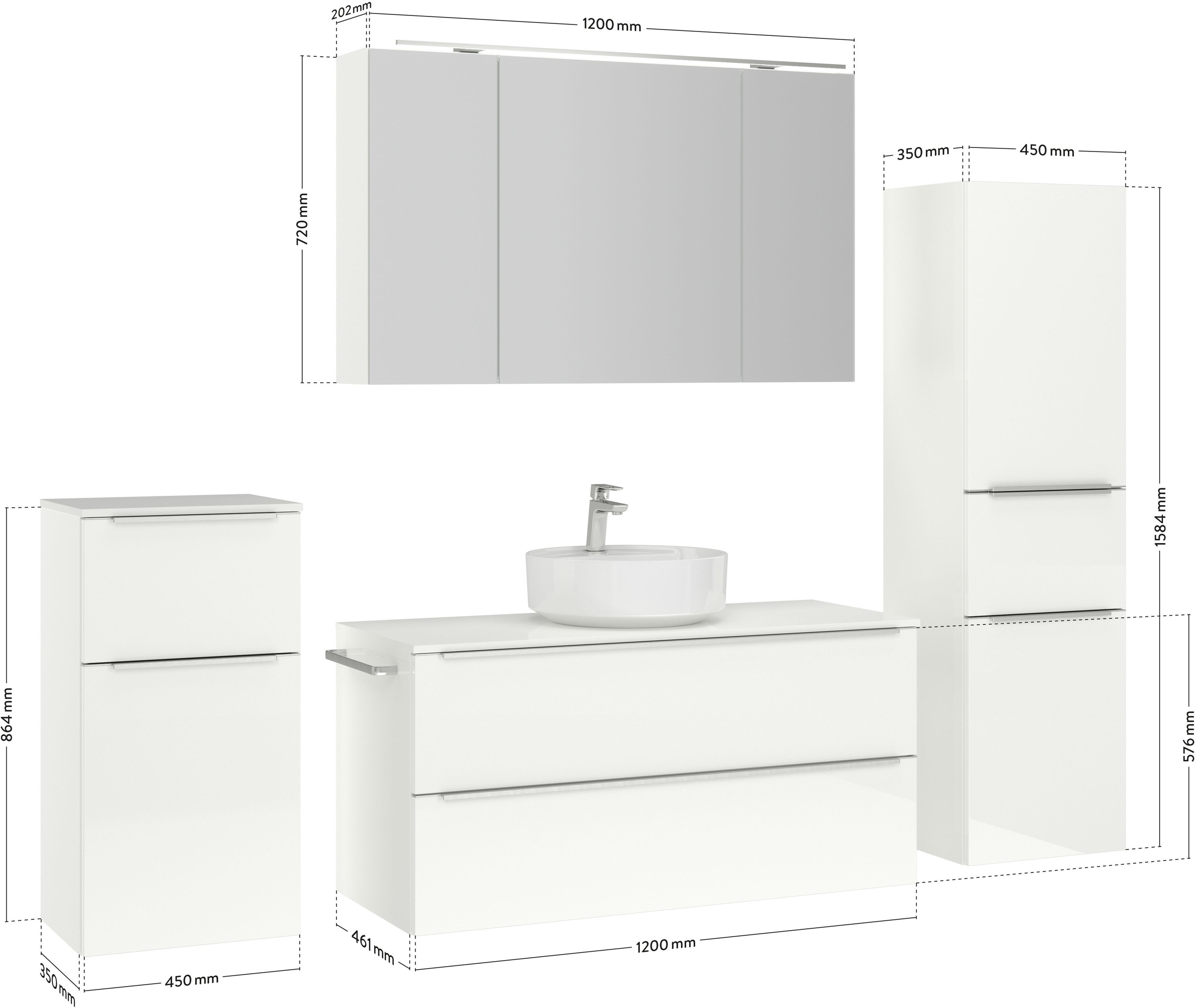nobilia® Badmöbel-Set »Alvene«, (4 St., vormontiert, mit Soft-Close), inkl. Spiegelschrank mit Beleuchtung und Dimmerfunktion, in 4 Breiten
