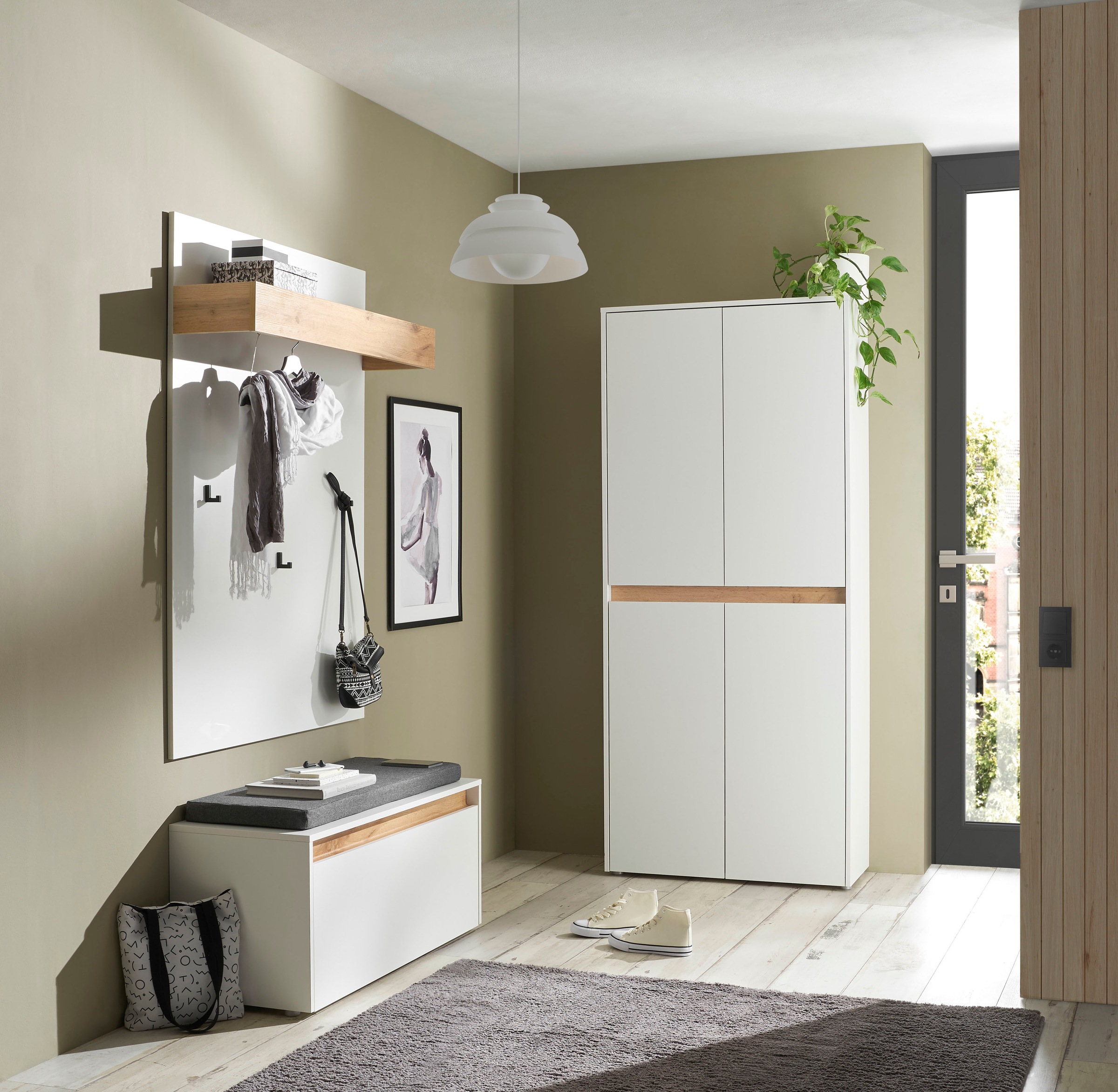 INOSIGN Garderoben-Set »City/Giron, moderne Garderobe, viel Stauraum, ca. 40 Schuhe«, (Set, 3 St.), enthält Schuhschrank, Garderobenpaneel & Garderobenbank mit Sitzkissen
