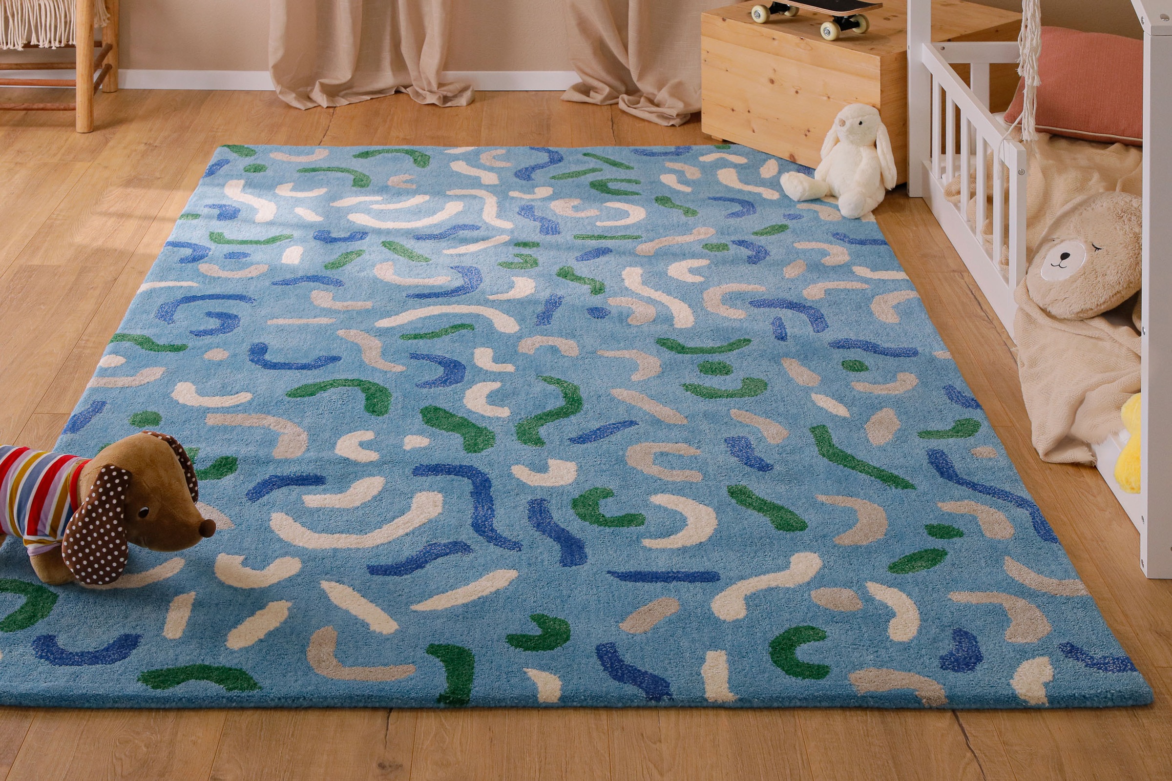 Kinderteppich SMART KIDS, B:140cm H:16mm L:200cmblau, Schurwolle, Teppiche, "Confetti", Kinder- & Spielteppich, Hoch-Tief-Effekt, Schurwolle,