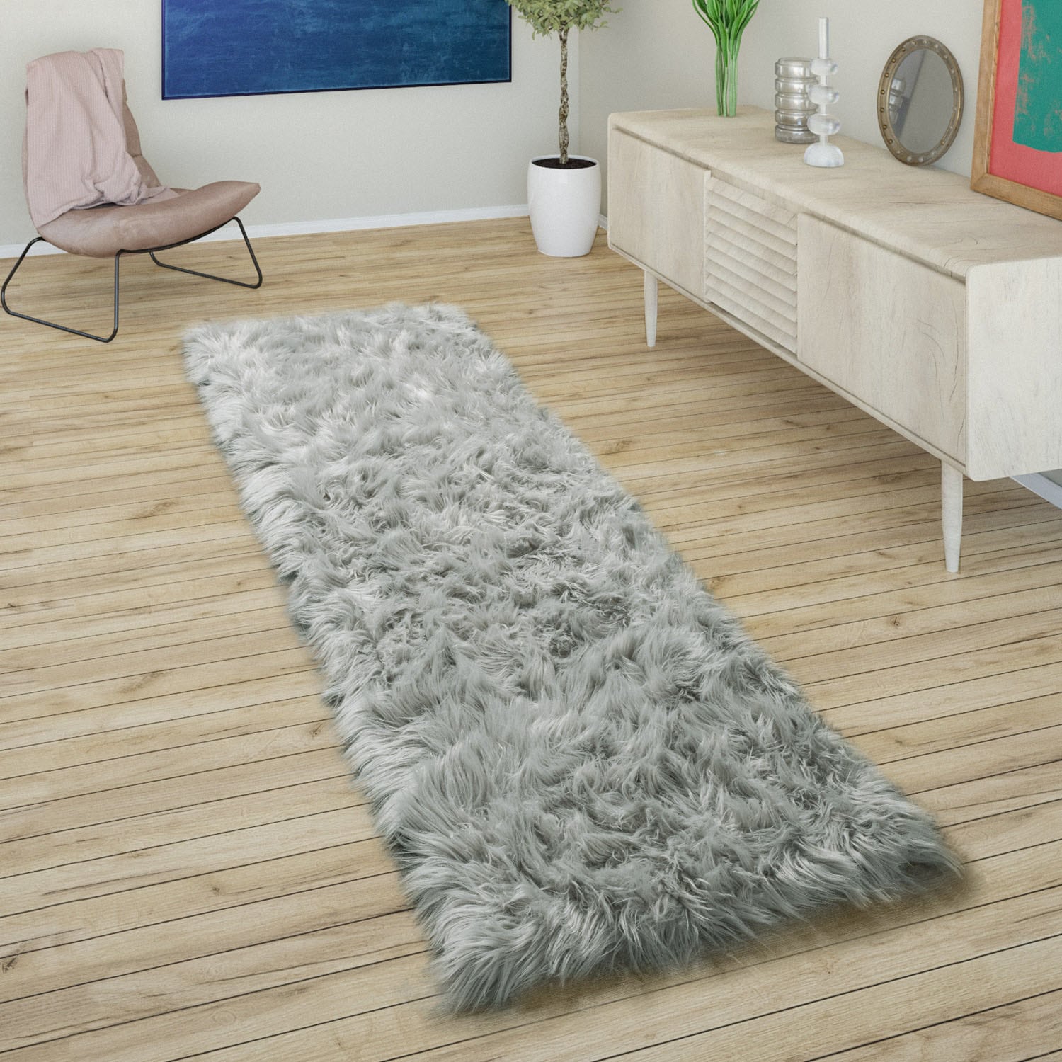 Paco Home Hochflor-Läufer "Playa 960", rechteckig, 64 mm Höhe, Läufer, Kunstfell, Flokati-Optik, weich und flauschig, Un