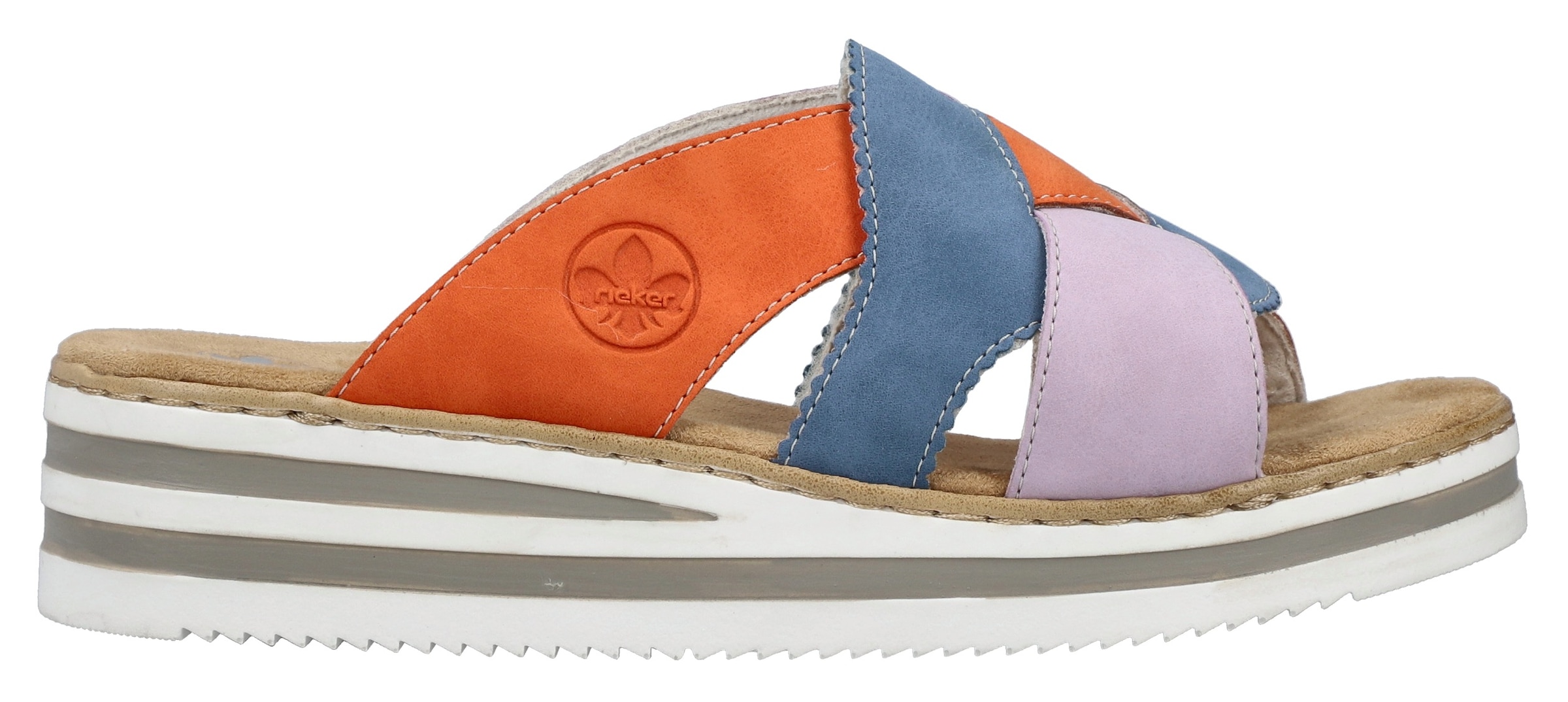 Rieker Pantolette, Sommerschuh, Strandschuh, Hausschuh mit zweifarbiger Plateausohle