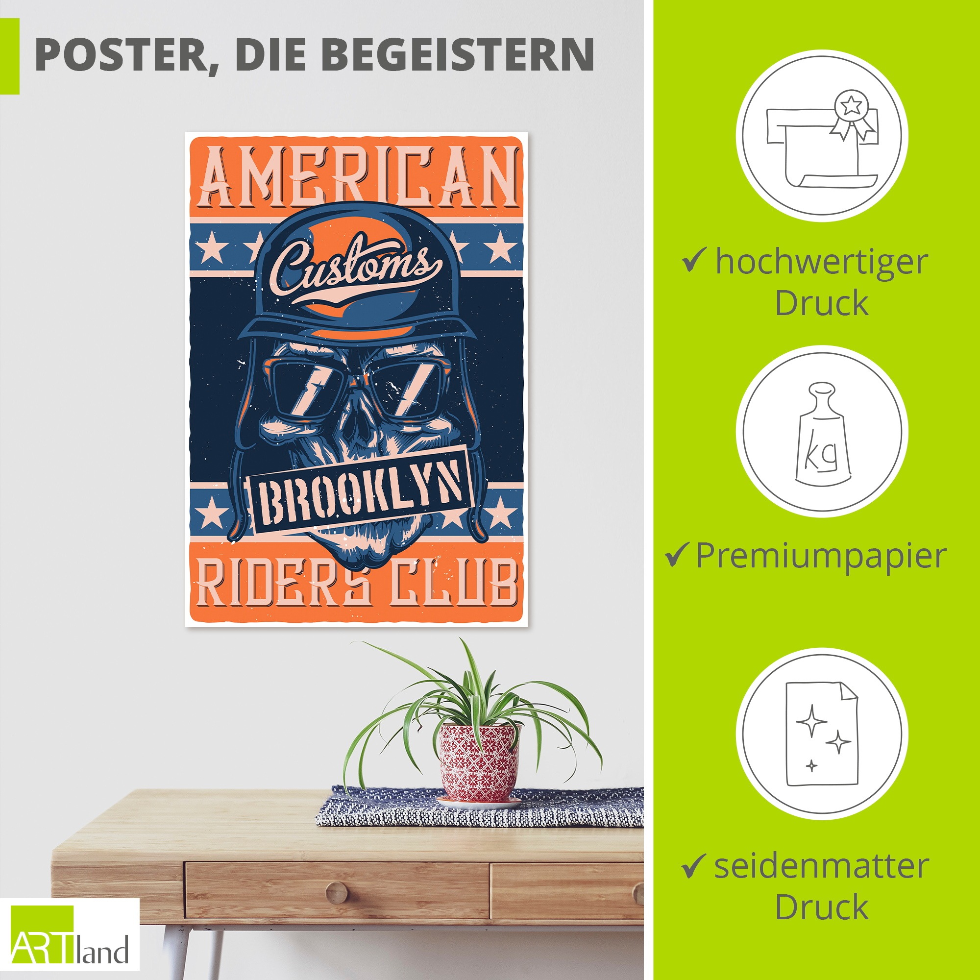 Artland Wandbild »Totenkopf Motorradfahrer« 1 Stk. tlg. als Alubild, Leinwandbild, Poster, Wandaufkleber in verschied. Größen