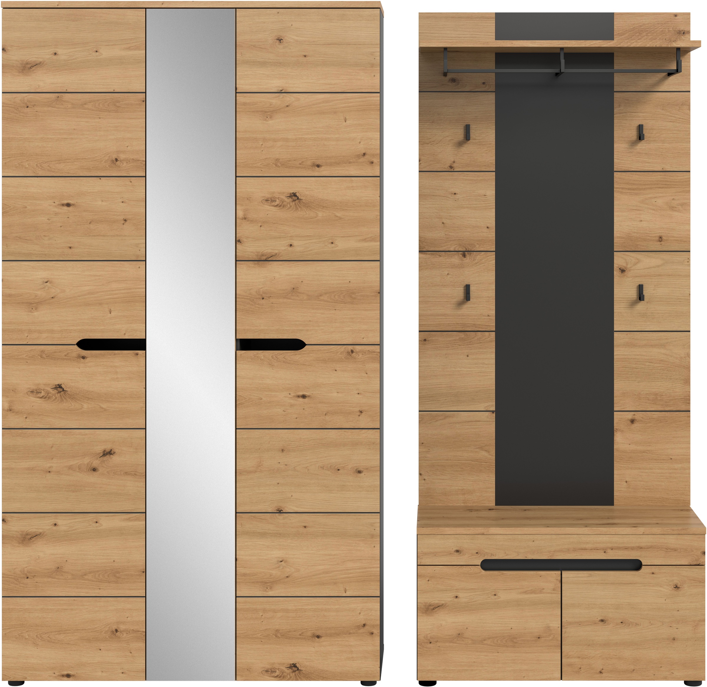 Home affaire Garderoben-Set "REHAT, TOPSELLER, 3-teilig, Breite 200 cm, individuell stellbar" Set, best. aus: Garderobenschrank, Sitzbank & Garderobenpaneel, 3 Stk. tlg.