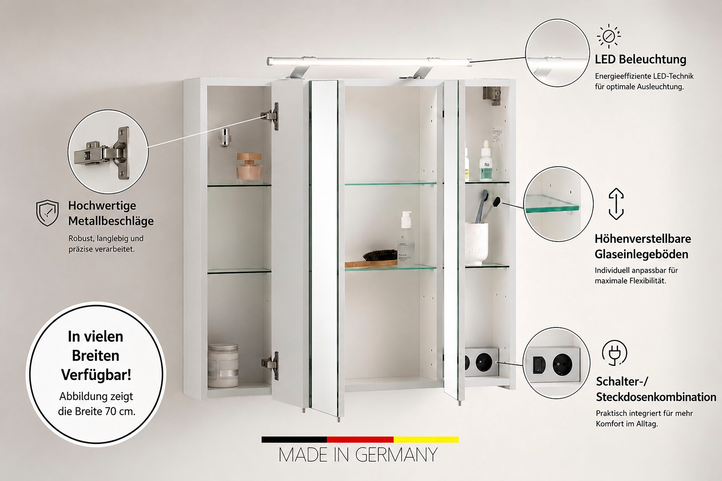 Schildmeyer Spiegelschrank »Dorina, Spiegelschrank, Made in Germany, B: 60 cm« Solide Verarbeitung - Dieses Produkt ist in Deutschland gefertigt