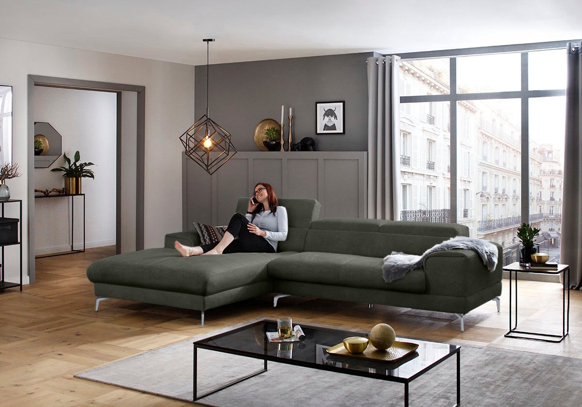 Ecksofa W.SCHILLIG "piedroo, Designsofa mit tollem Sitzkomfort, bequem und elegant, L-Form", grün (hunter r66), B:303cm H:70cm T:193cm, Chenille-Flachgewebe R66 (85% Polyester, 15% Nylon), Sofas, Ecksofa, Kopfteilverstellung, wahlweise mit Sitztiefenverst 9