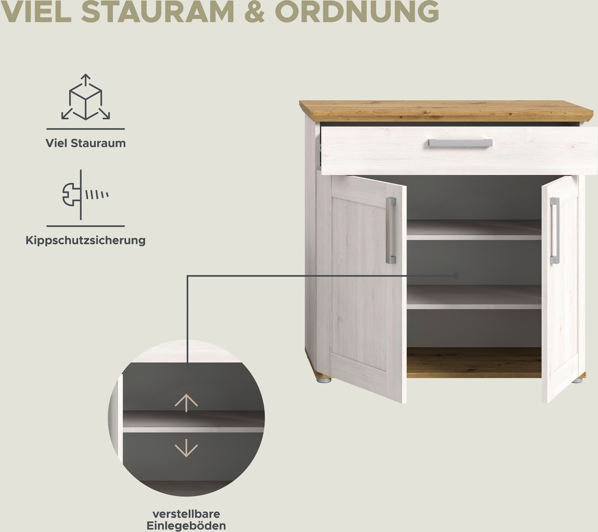 Home affaire Schuhschrank »COSENZA, TOPSELLER!, Breite 95 cm, 2 Türen, 2 Böden, 1 Schubkasten«, in Landhausoptik, Kommode, Anrichte, Schrank, Sideboard
