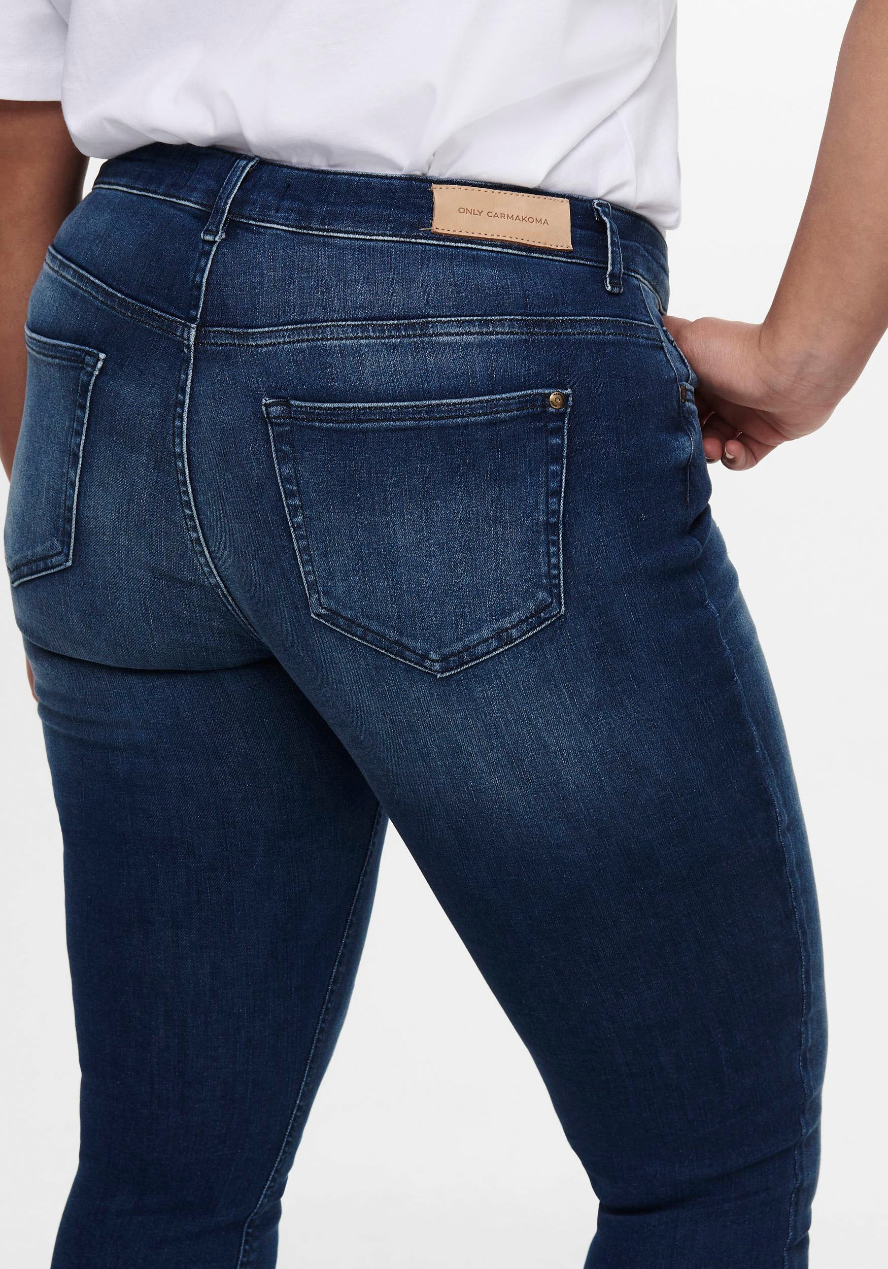 Skinny-fit-Jeans ONLY CARMAKOMA "CARWILLY REG SKINNY ANK JEANS", Damen, Gr. 46, Länge 32, blau (blau, used), Jeans, Obermaterial: 94% Baumwolle, 4% Polyester, 2% Elasthan, Destroyed-Effekte, knöchelfrei, Jeans, mit Fransensaum 2