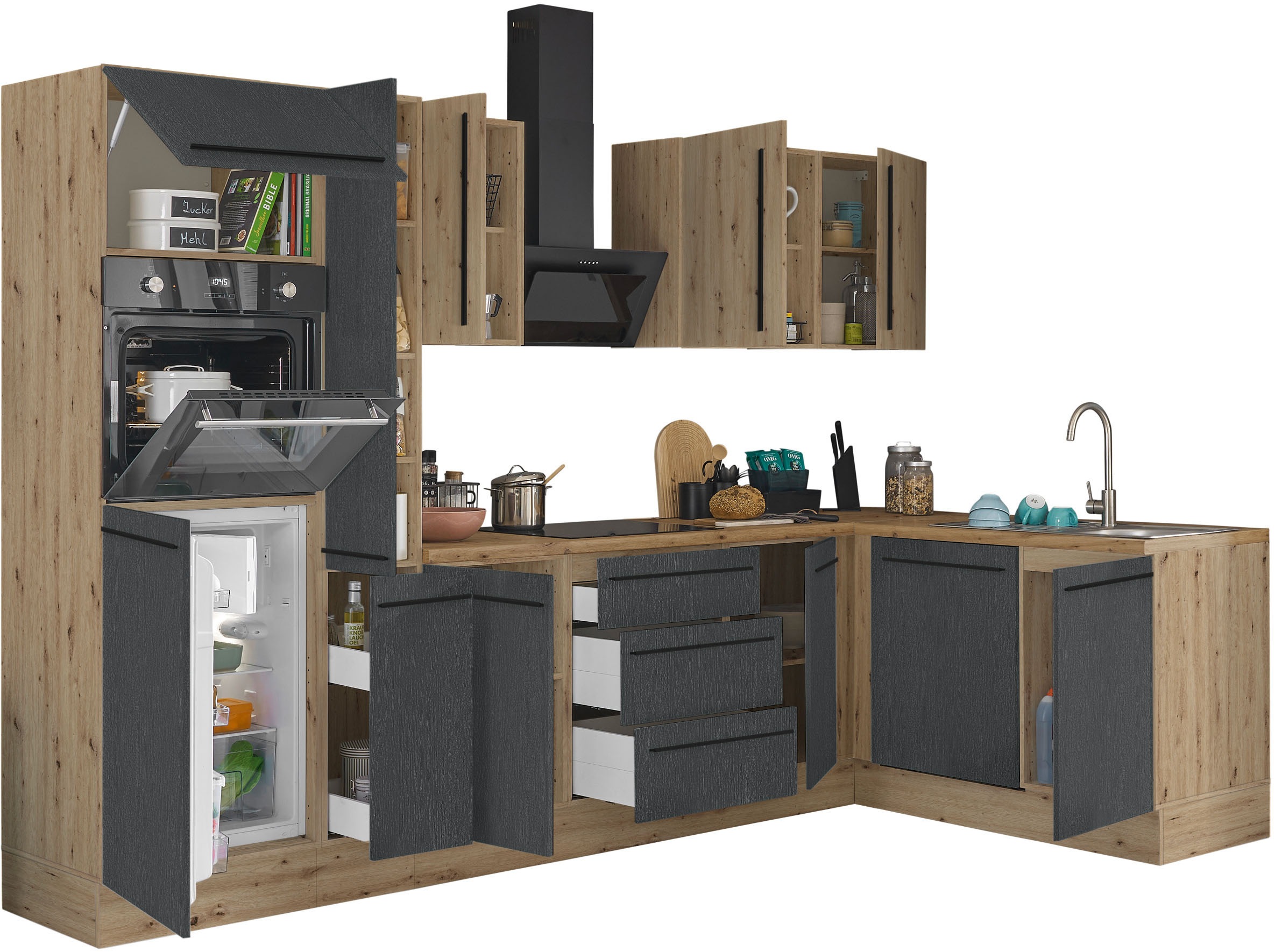 KOCHSTATION Winkelküche »Florida, Stellbreite 310x175 cm«, wahlweise mit E-Geräten, mit Softclose für Türen und Schubkästen