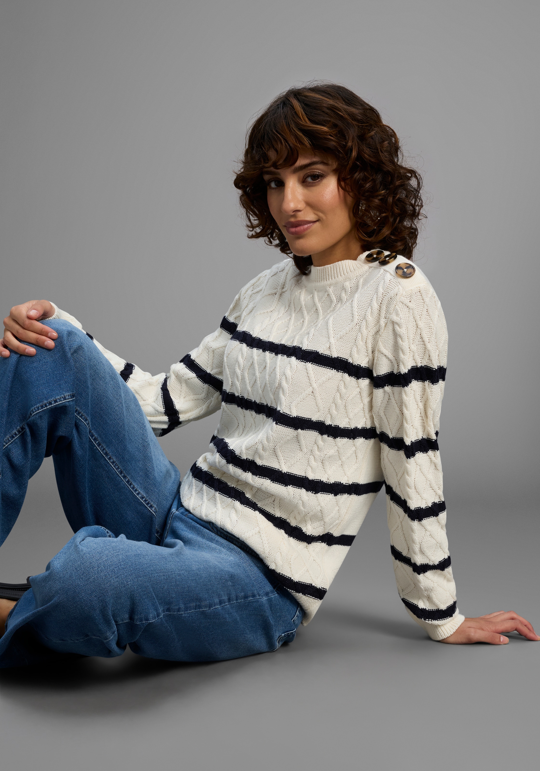 Laura Scott Rundhalspullover, mit Zopfmuster und Streifen - NEUE KOLLEKTION günstig online kaufen