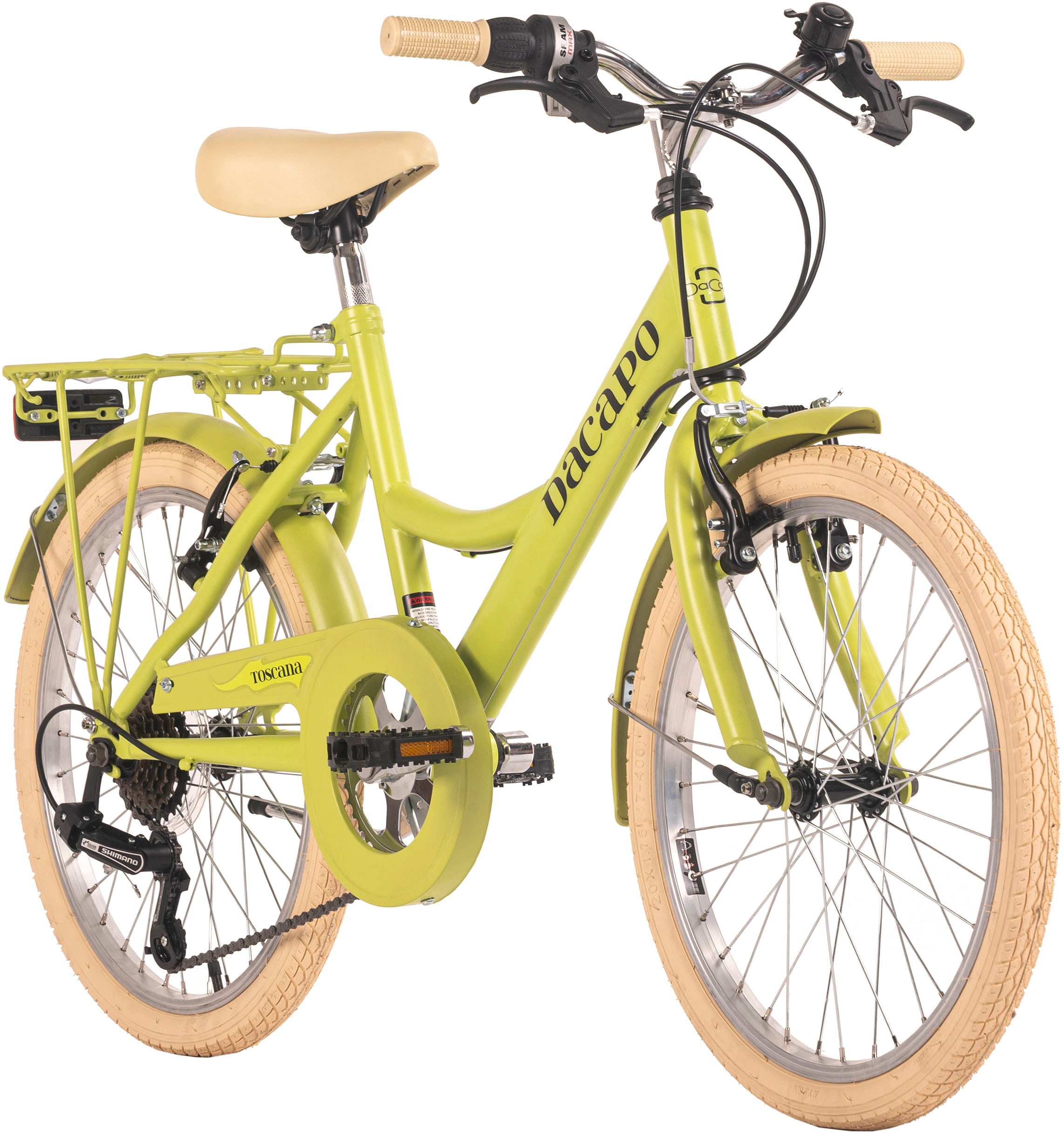 Dacapo Kinderfahrrad »Kinderfahrrad 20'' Toscana grün 6 Gänge RH 36 cm«, 6 Gang, Shimano, Tourney Schaltwerk, Kettenschaltung