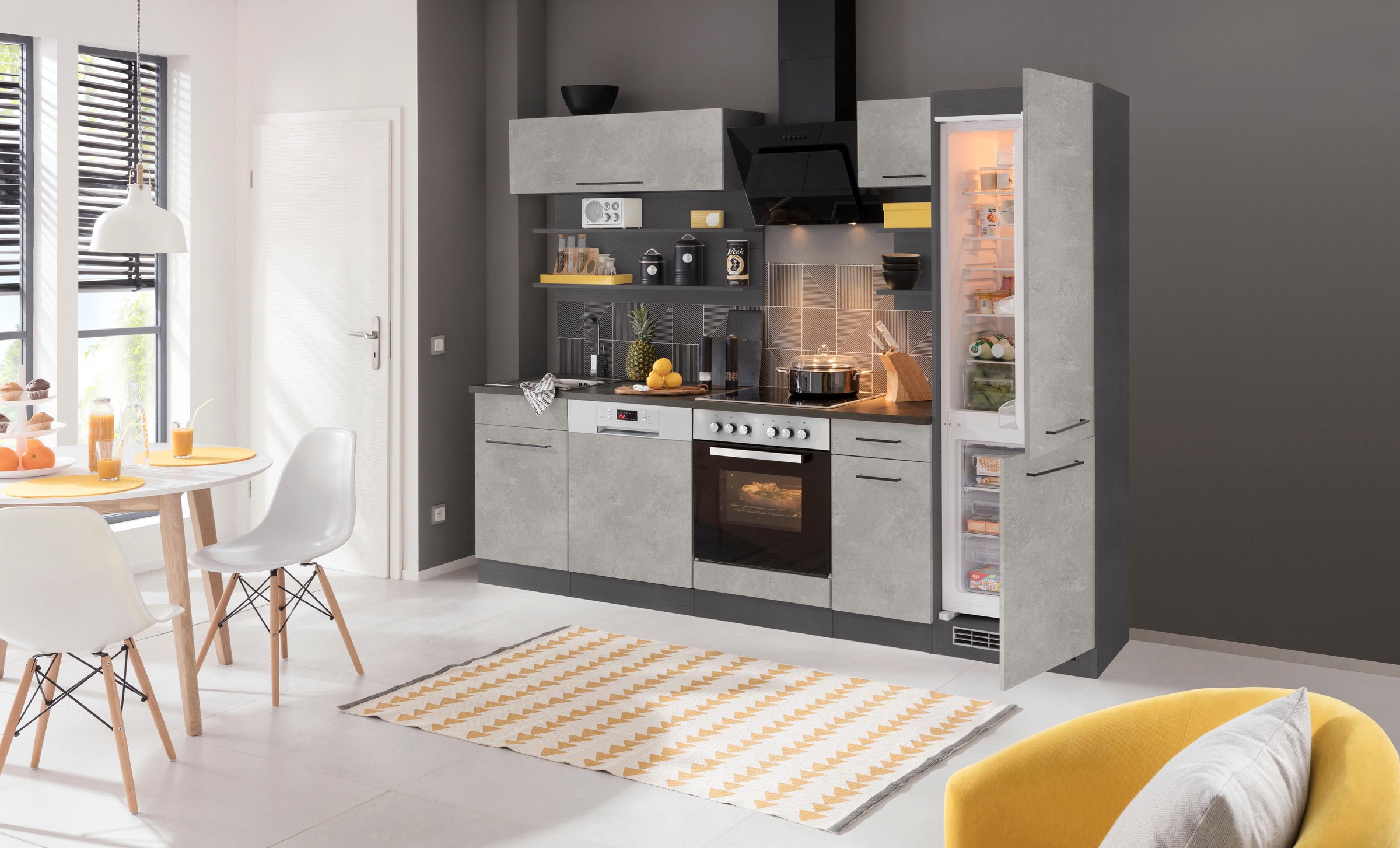 KOCHSTATION Küchenzeile »KS-Tulsa«, mit E-Geräten, Breite 270 cm, schwarze Metallgriffe, MDF Fronten