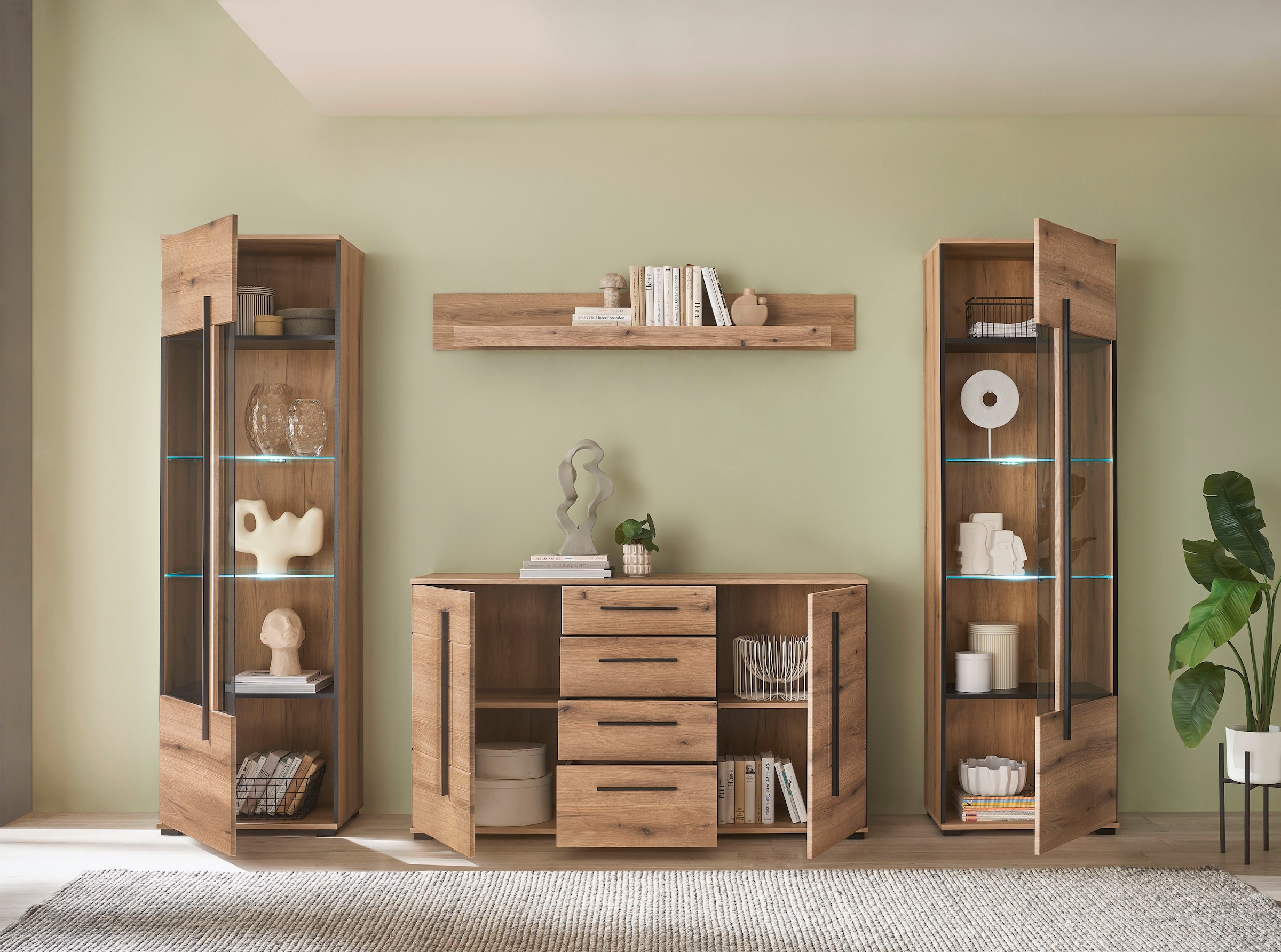 INOSIGN Wohnwand »Cantara, moderne Anbauwand, Wohnzimmer-Set, in Eiche Evoke oder Weiß«, (Set), enthält zwei Vitrinen, ein Sideboard und ein Wandboard