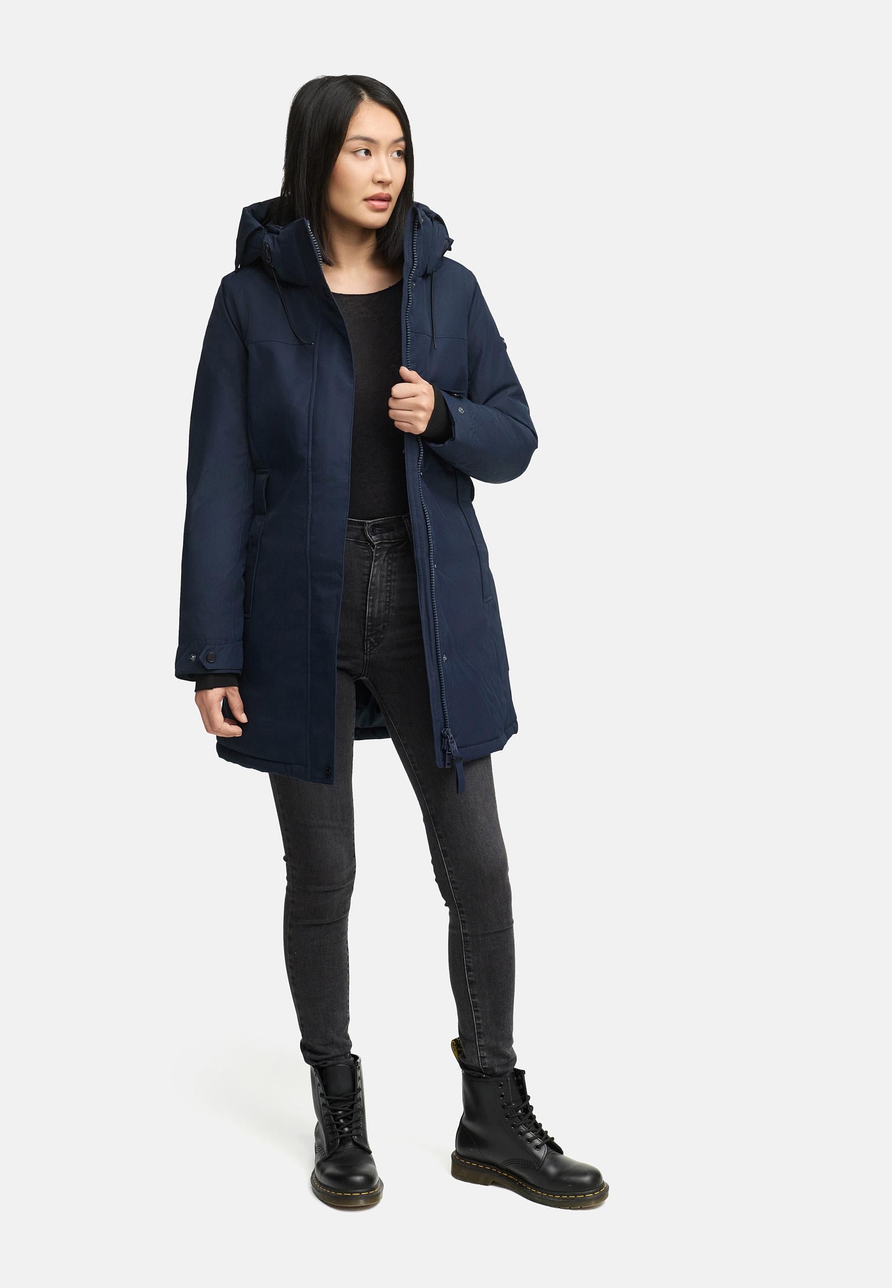 Navahoo Wintermantel »Frostkuss 14«, Warmer Damen Mantel mit abnehmbarer Kapuze und Taillengürtel