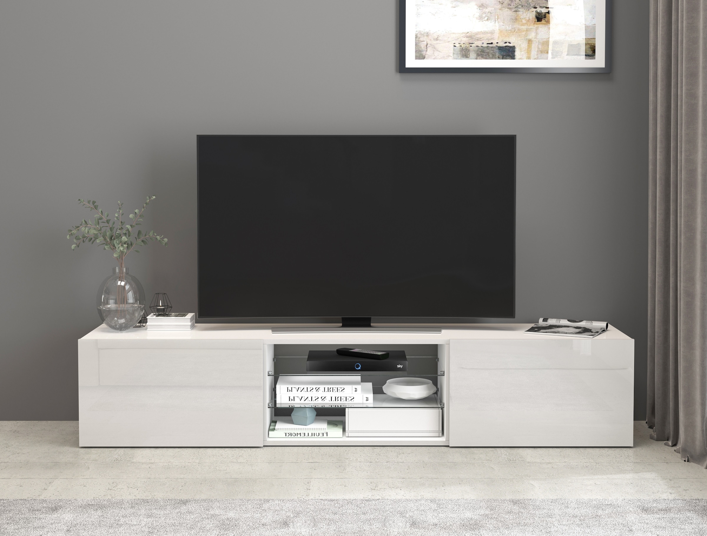 INOSIGN Lowboard »Egypt,Lowboard,TV-Kommode,TV-Möbel,TV-Bank«, mit 2 Klappen, 2 Glasböden,kompl. Hochgl. lackiert (B/T/H)180x38x35 cm