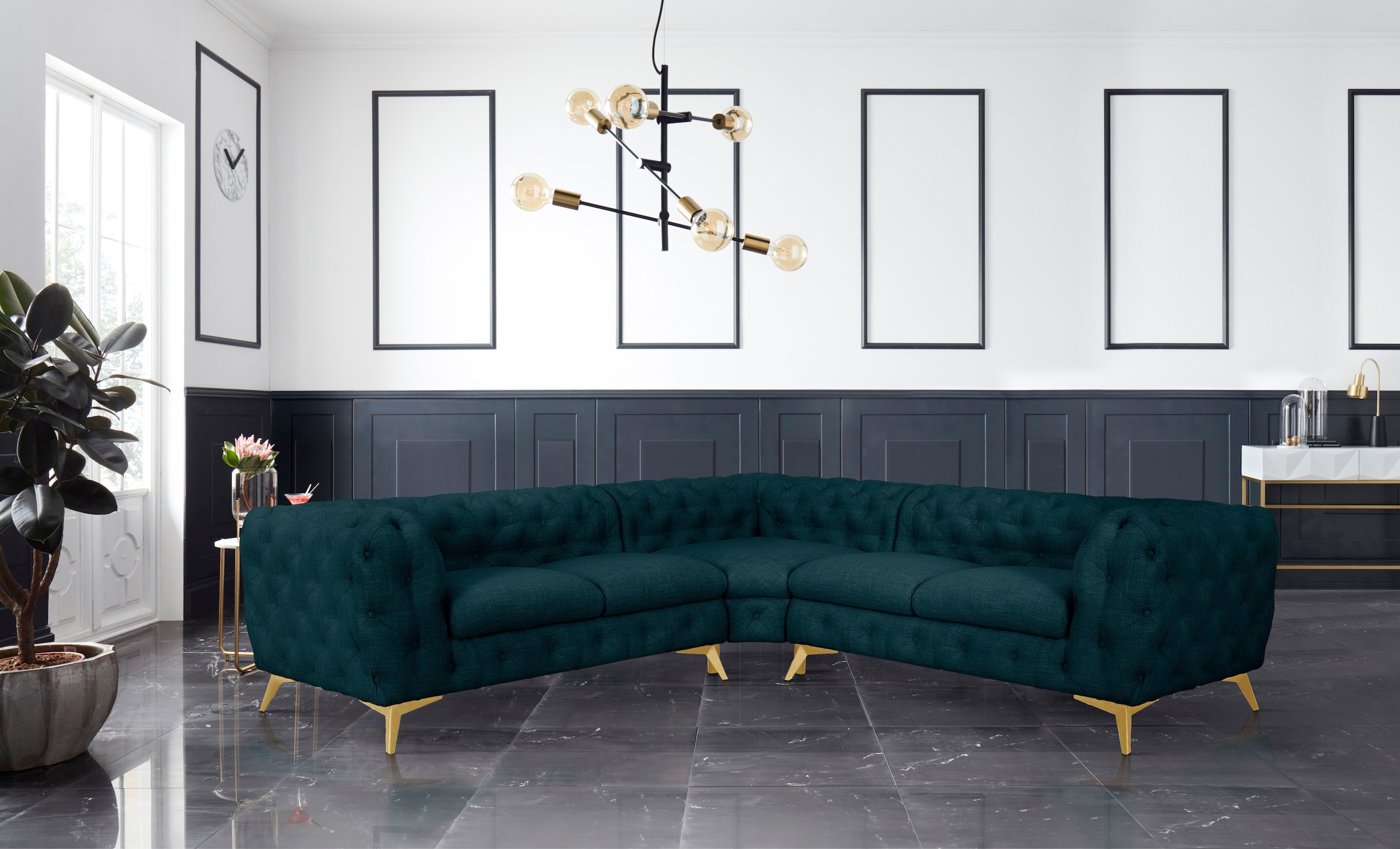 Leonique Chesterfield-Sofa »Ecksofa GLYNIS L-Form mit Wellenunterfederung, Maße B/T/H 264/264/75cm«, aufwändige Knopfheftung, moderne Chesterfield Optik, Fußfarbe wählbar