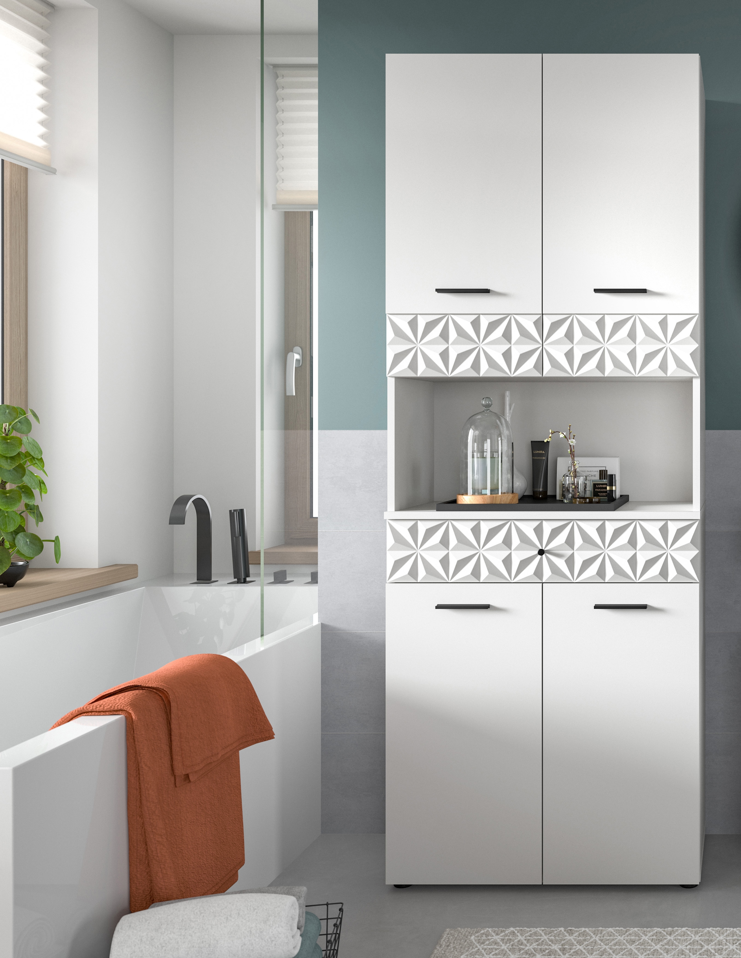 INOSIGN Hochschrank »VICENZA, TOPSELLER!, Höhe 187cm, mit Schubkasten & Ornamentabsetzung«, Mehrzweckschrank, Universalschrank, Badschrank, Badhochschrank