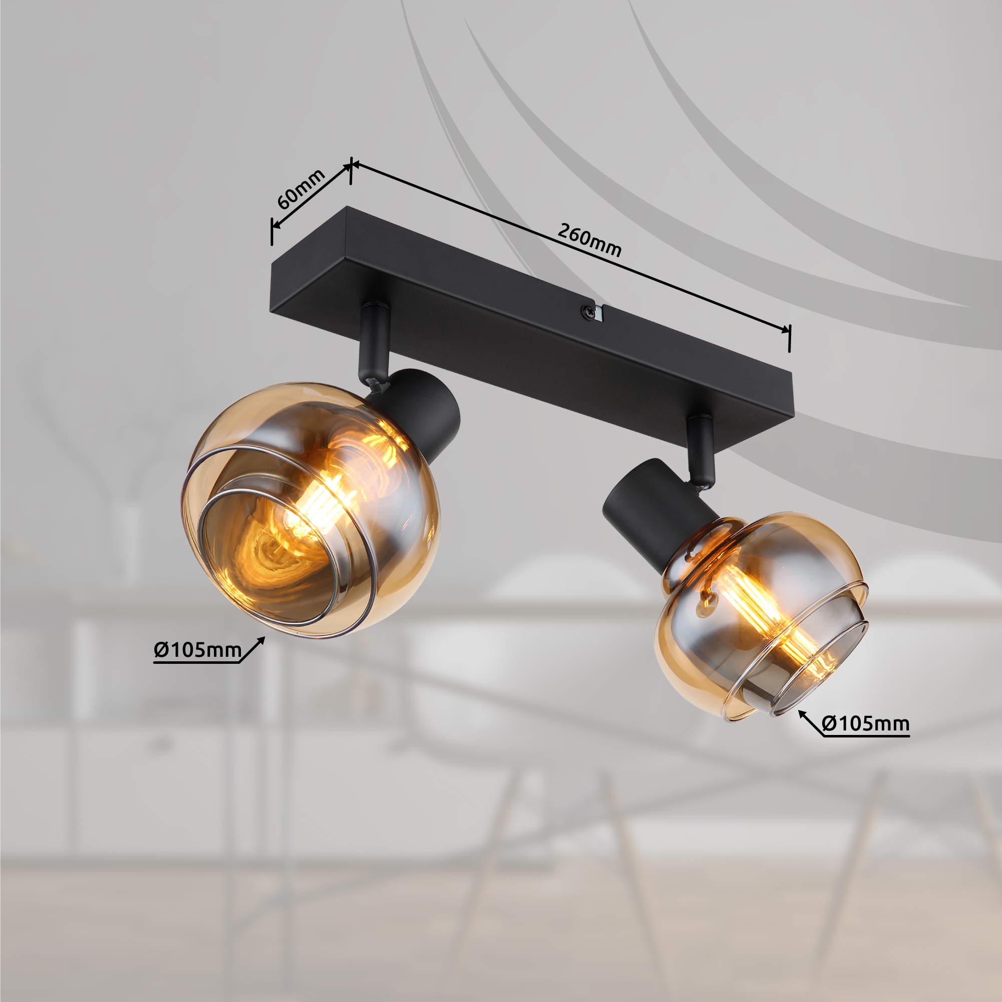 GLOBO LIGHTING Deckenstrahler »TOKKI«, Leuchtmittel E14 | ohne Leuchtmittel, Deckenspot/schwarz/Glas amber/Glas rauchfarben/Flur/Wohnzimmer