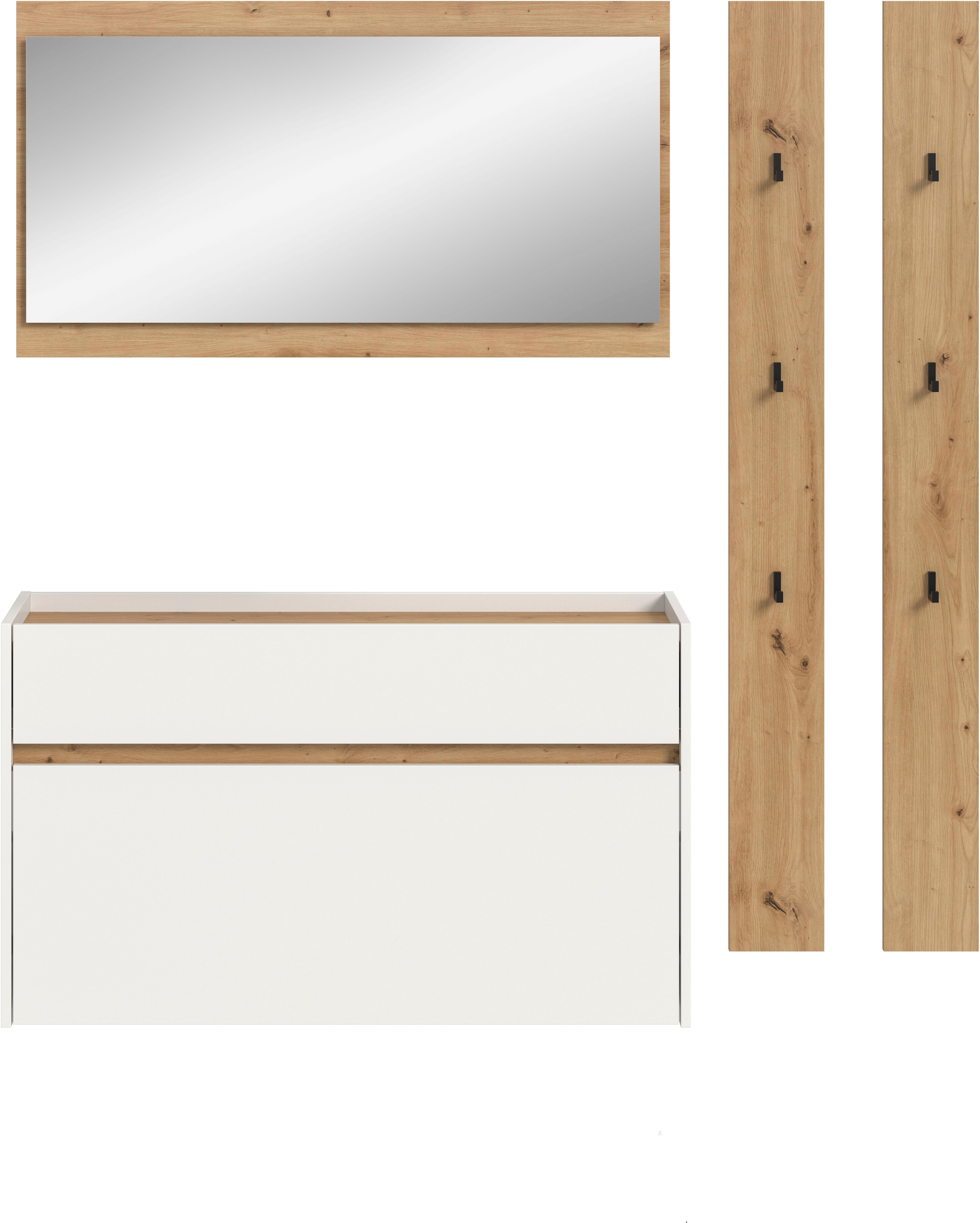INOSIGN Garderoben-Set »EVRID, 4-teilig, Breite 172 cm, individuell hängbar & erweiterbar« best. aus: Kommode, Spiegel & 2x Hakenleiste, 4 Stk. tlg. Garderobenkombination, Garderobe, Wandgarderobe, Flur, Diele