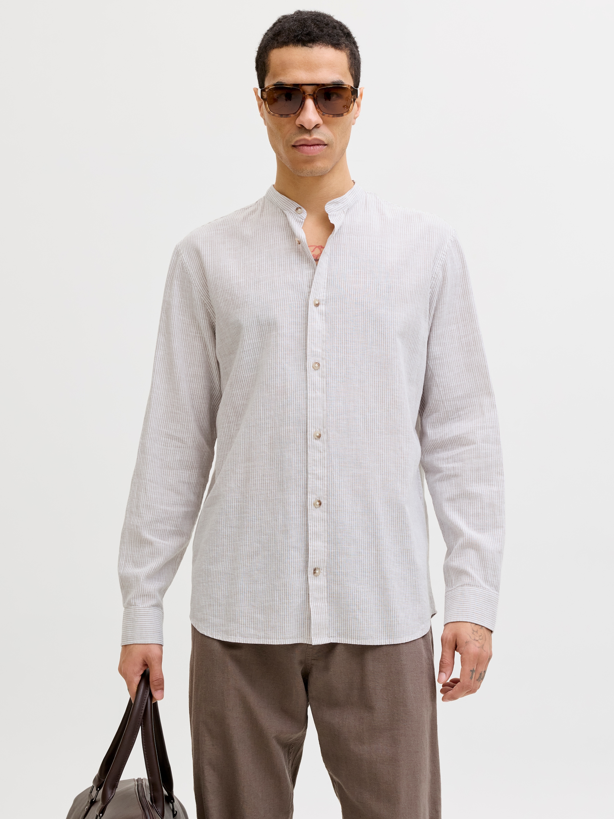 Jack & Jones Chemise à Manches Longues Esummer Linen Blend Band Crockery / Stripes M Homme