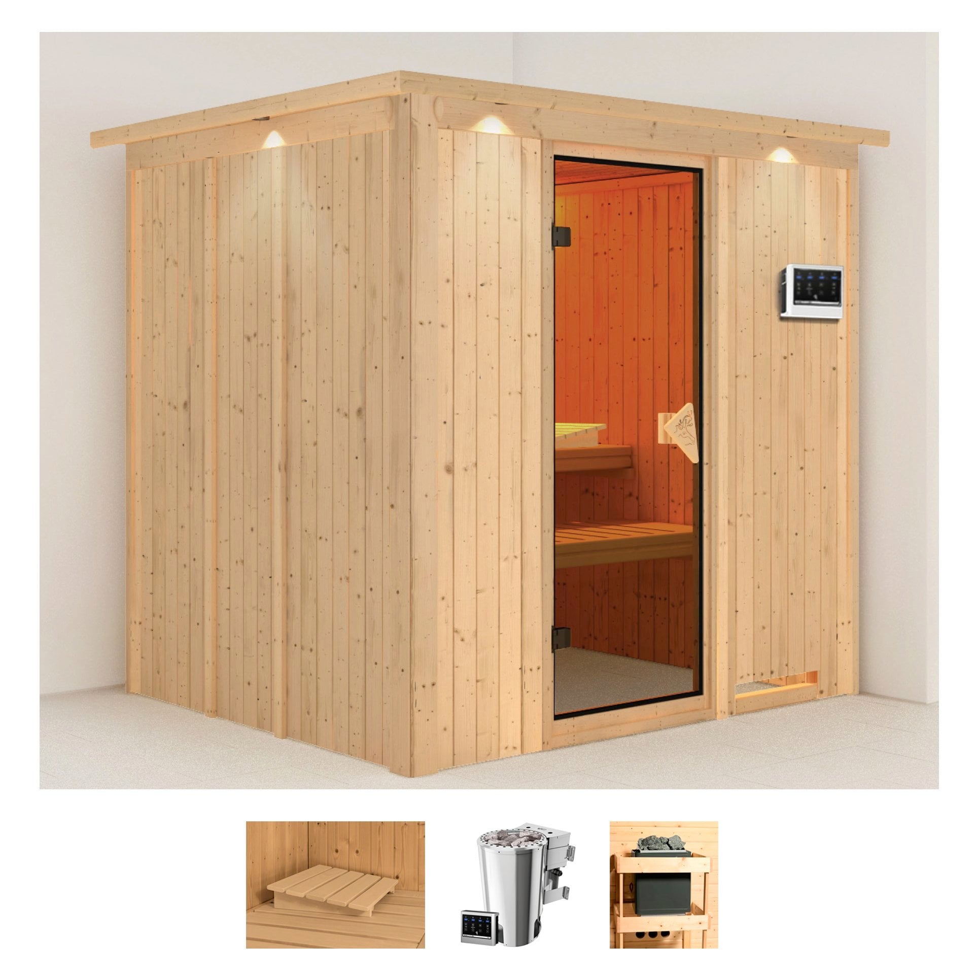 KARIBU Sauna "Dima", Bio-Kombiofen, externe Steuerung, 3,6 kW, beige, Saunen, Ofen 3,6 kW Bio-Ofen externe Strg. easy