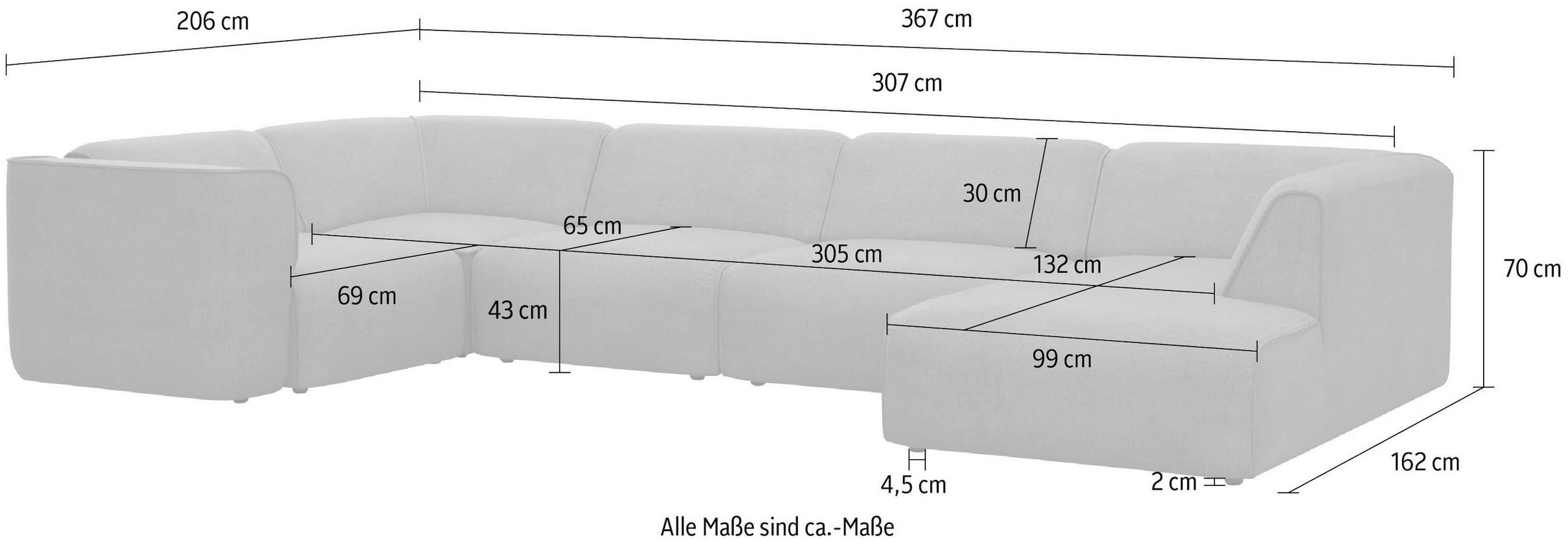 RAUM.ID Wohnlandschaft »Merid U-Form, jederzeit durch Module erweiterbar, B/T/H: 367/206/70 cm«, als Modul oder separat verwendbar, für individuelle Zusammenstellung