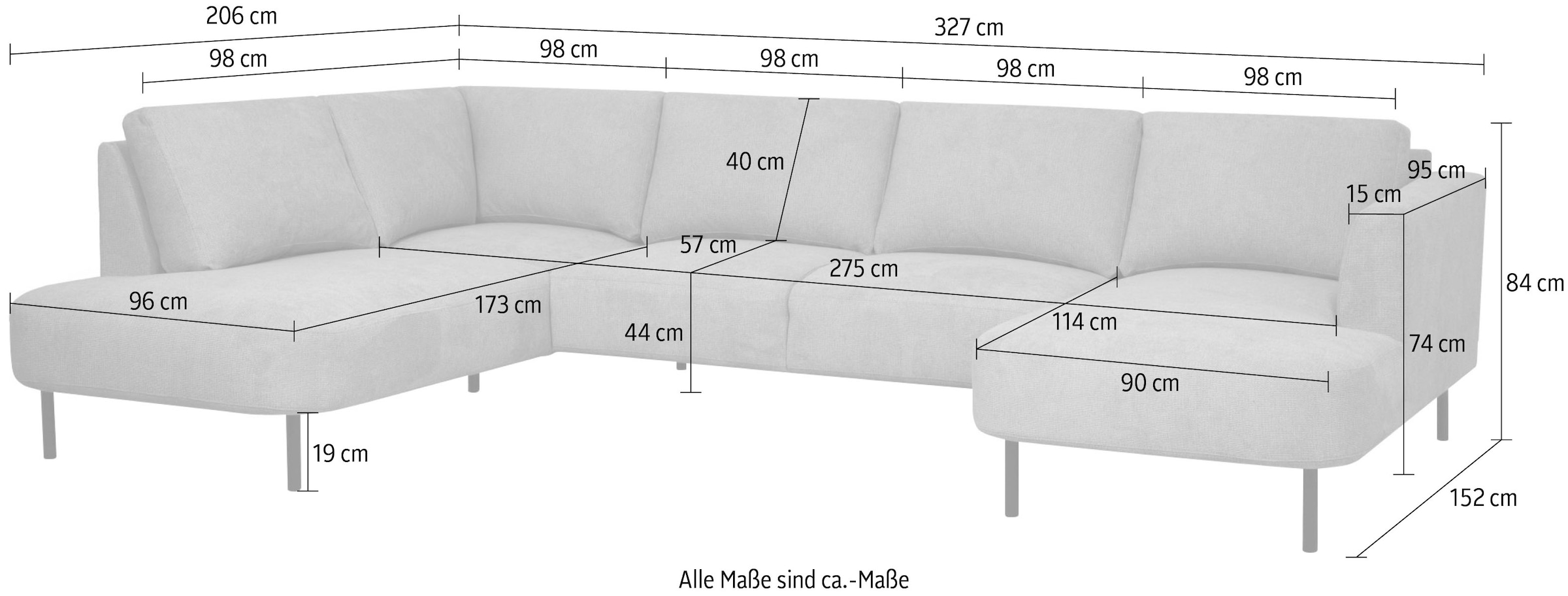 Places of Style Wohnlandschaft »Cesola«, in weichem Chenille-Stoff, Breite 327 cm, mit schwarzen Metallfüßen