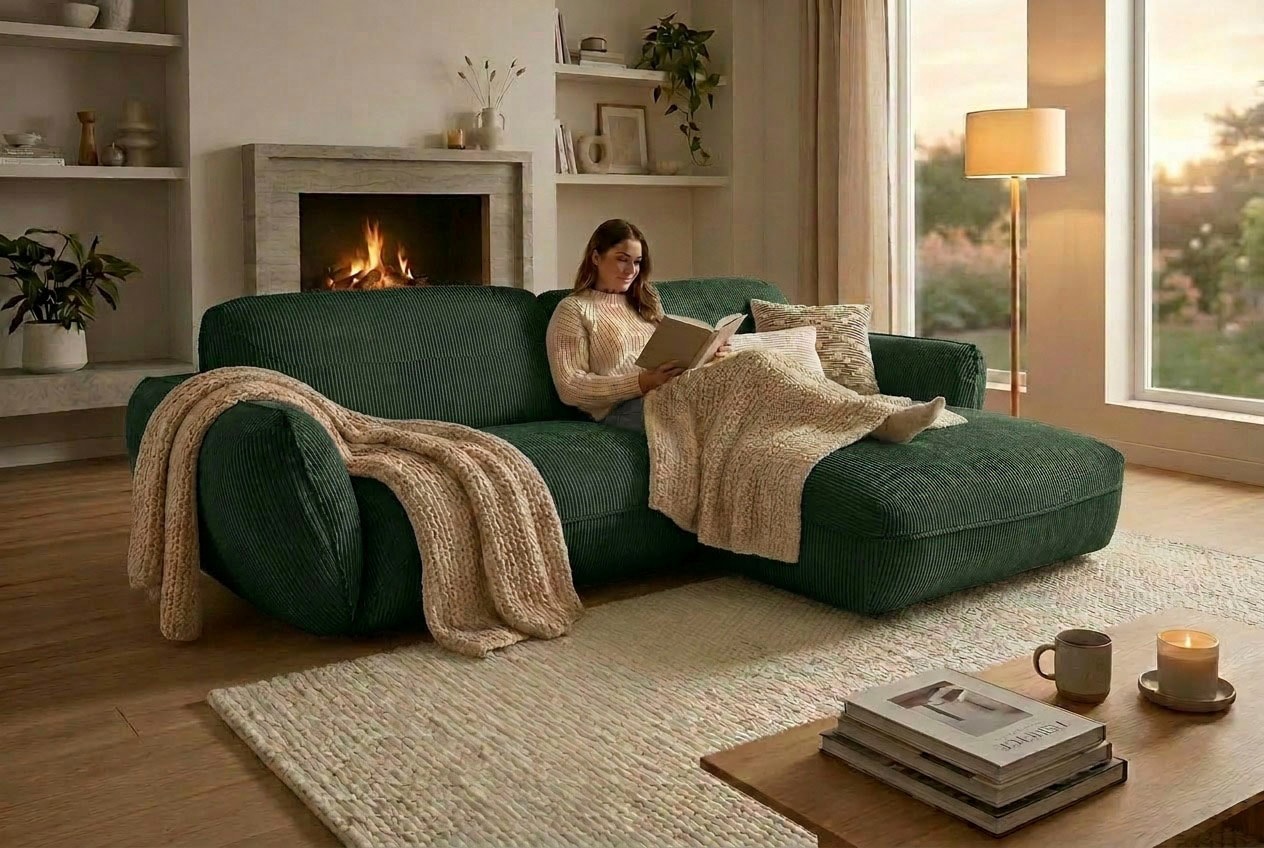 TRENDMANUFAKTUR Ecksofa "Be Chilled, modernes Lounge-Design mit stilvoller Kedernaht" mit softem Sitzkomfort, in hochwertigem Cord mit weicher Haptik