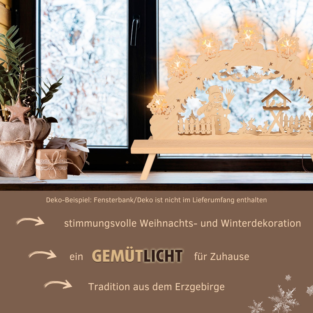Weigla LED Schwibbogen »Schneemann, Lichterbogen aus Holz NATUR-BRAUN«, Erzgebirge garantiert, Weihnachtsdeko Innen, Weihnachtsbeleuchtung