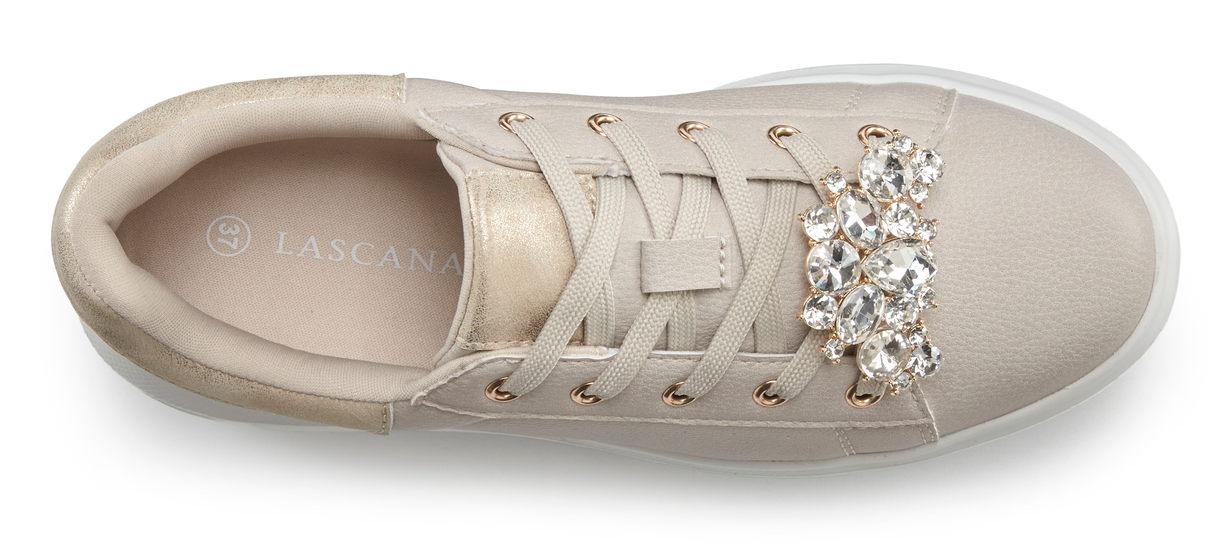 LASCANA Sneaker »Freizeitschuh, Schnürhalbschuh, Halbschuh,«, mit Metallicdetails und abnehmbarer Brosche VEGAN