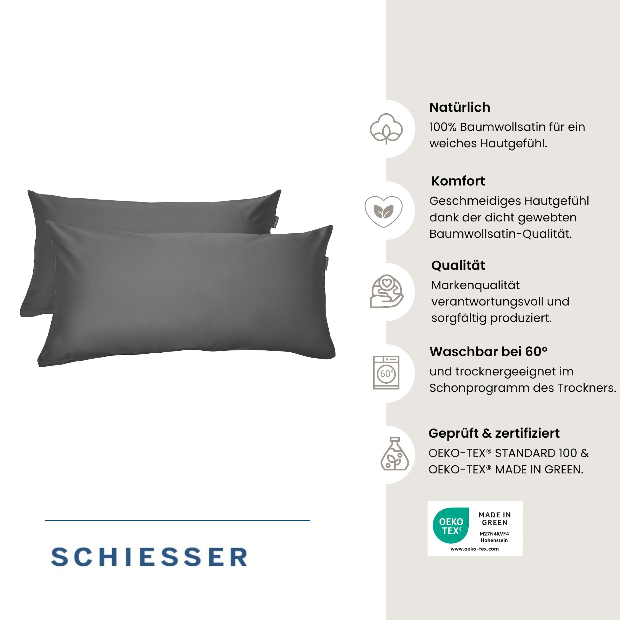 Schiesser Kissenhülle »Ella Kissenhüllenset aus feinstem Baumwollsatin, 40x80 cm« OEKO-TEX® MADE IN GREEN