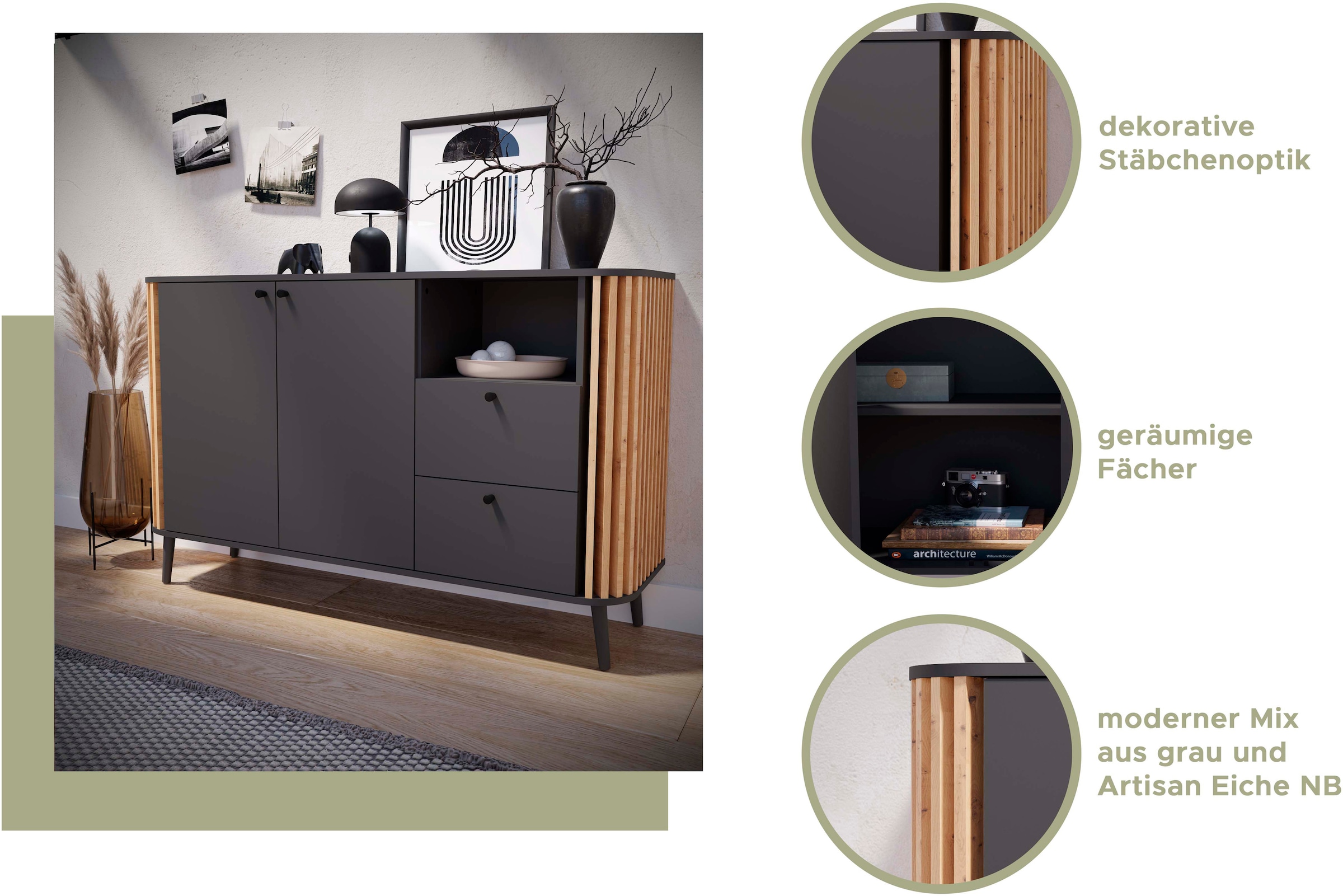 INOSIGN Nachtkommode »Stavanger, Höhe 60 cm, Paneel-Stäbchen-Optik, 2 Schubkästen«, (1 St.), Nachtkonsole, Nachttisch, Nako, Kommode